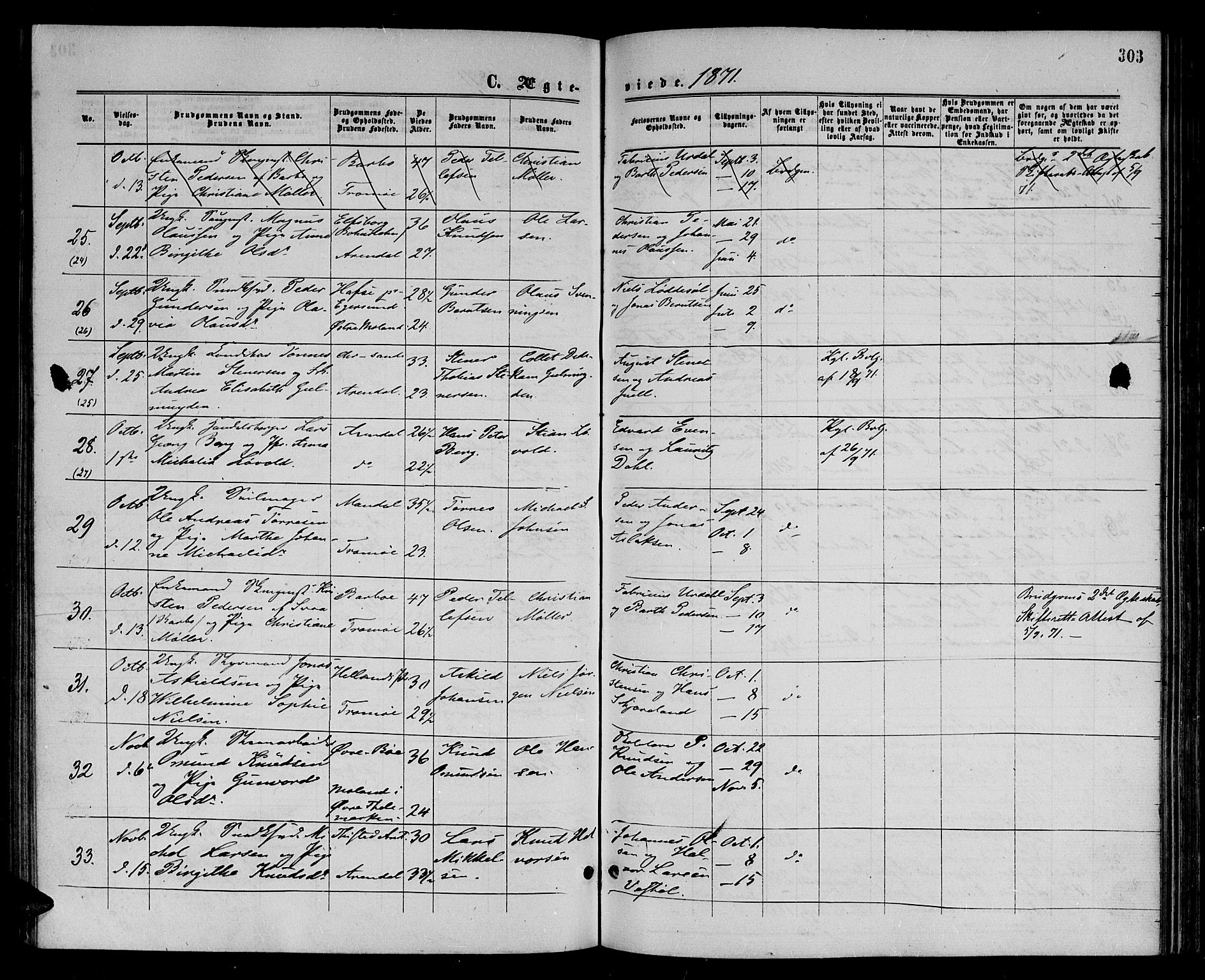 Arendal sokneprestkontor, Trefoldighet, AV/SAK-1111-0040/F/Fb/L0004: Parish register (copy) no. B 4, 1861-1873, p. 303