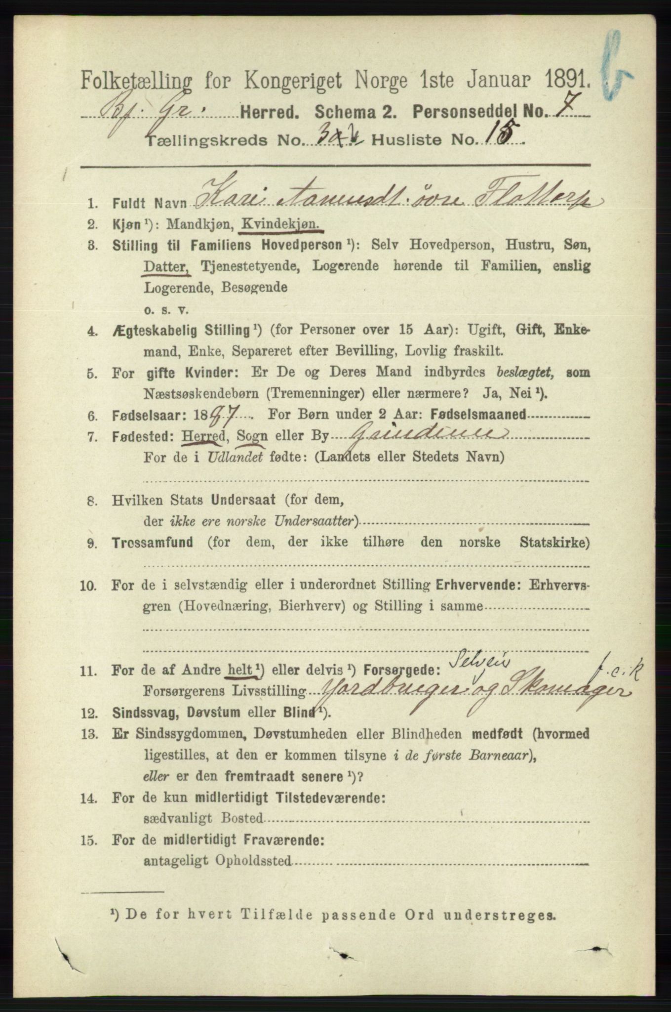 RA, 1891 census for 1024 Bjelland og Grindheim, 1891, p. 1880