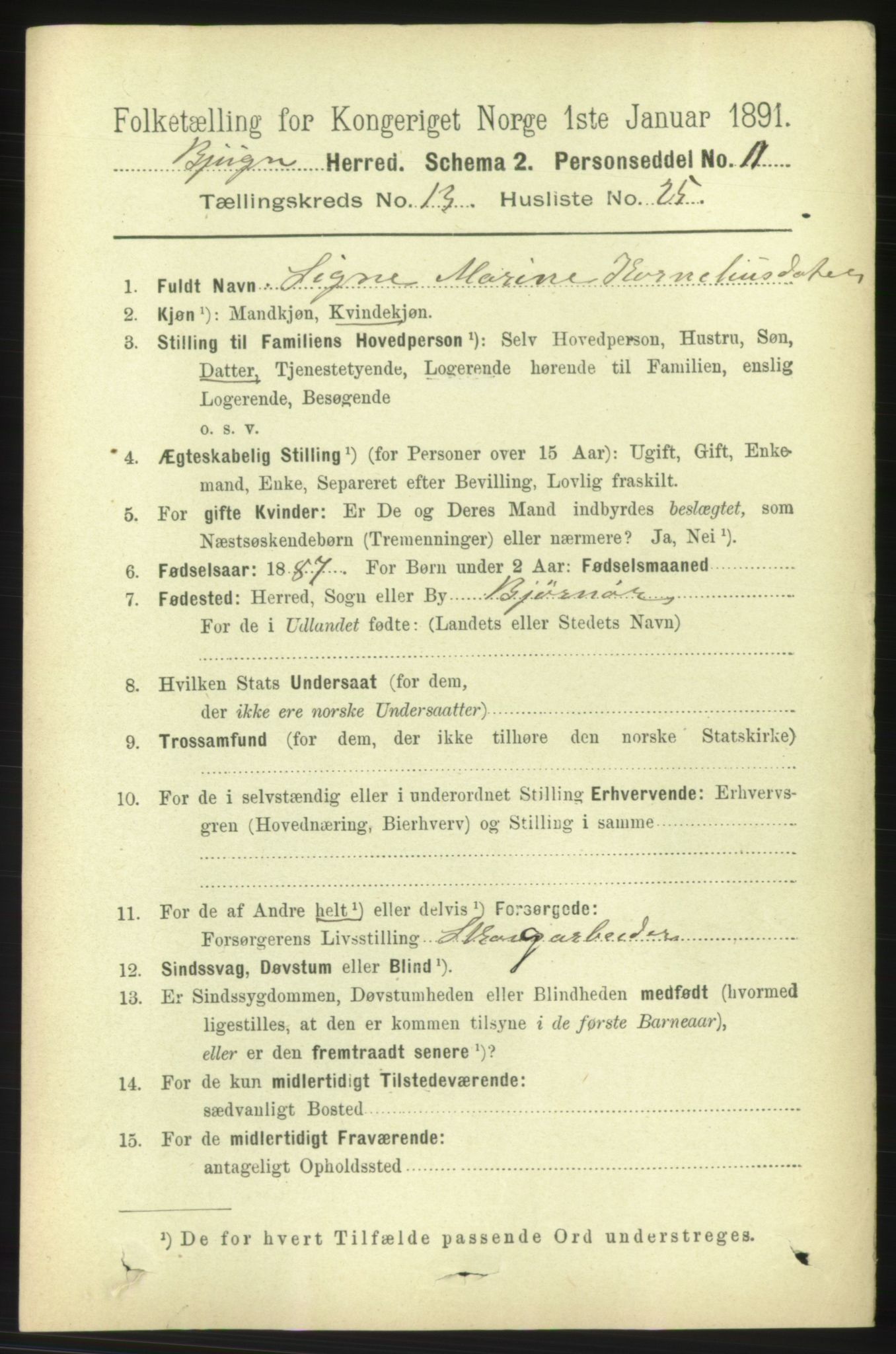 RA, 1891 census for 1627 Bjugn, 1891, p. 3921