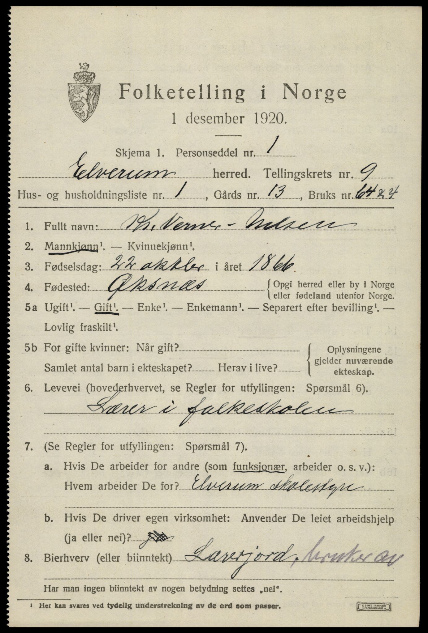 SAH, 1920 census for Elverum, 1920, p. 15560