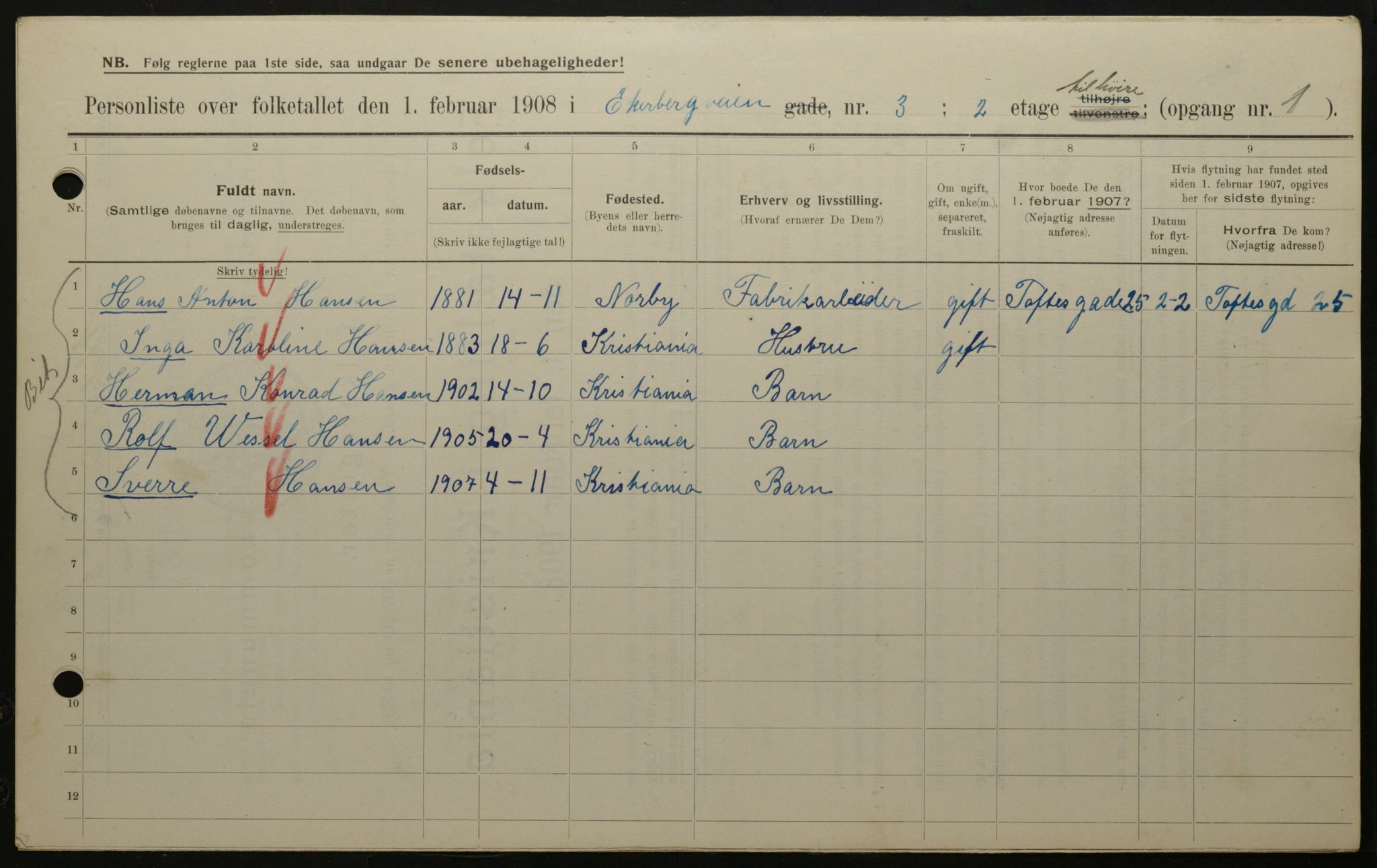 OBA, Municipal Census 1908 for Kristiania, 1908, p. 18451
