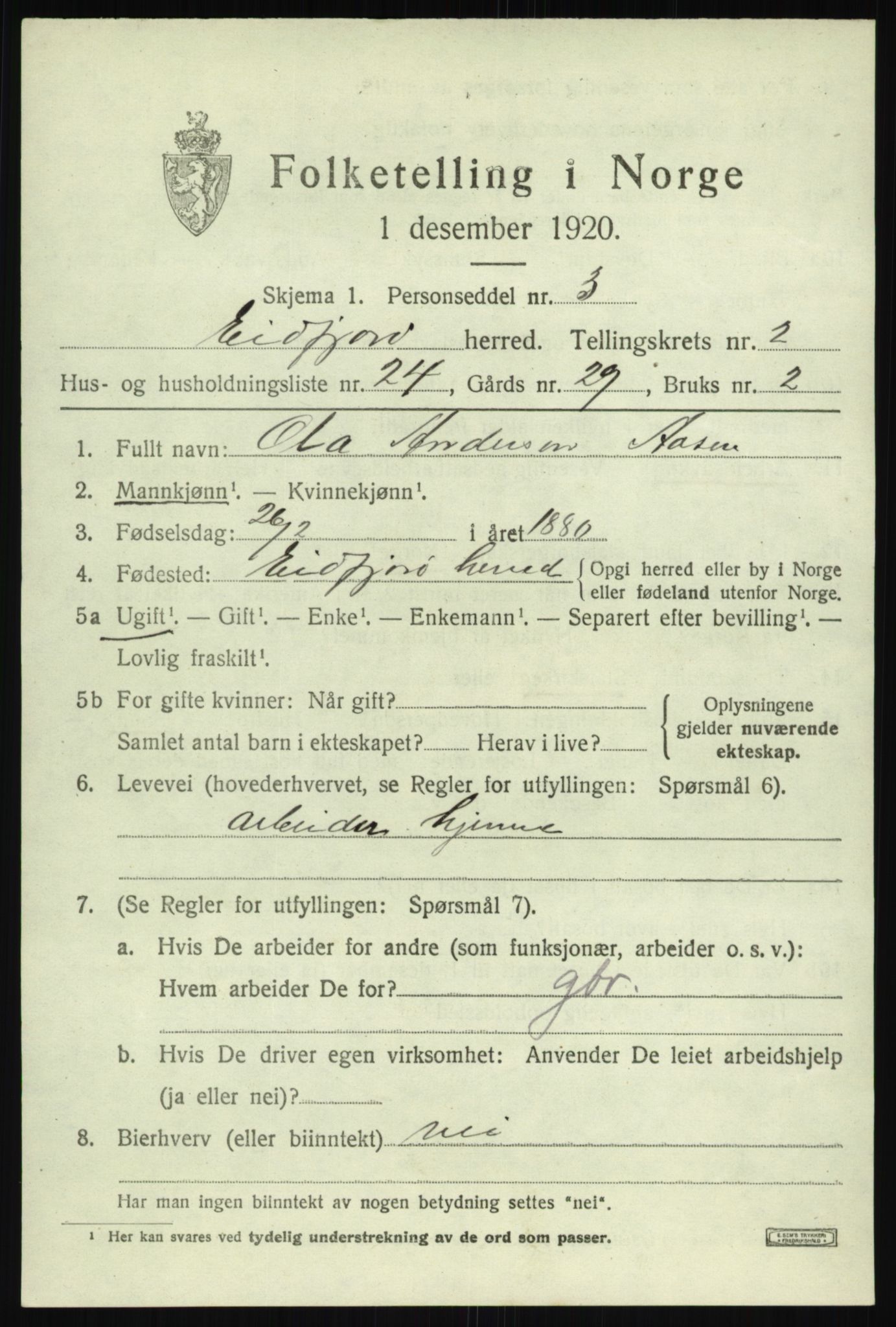 SAB, 1920 census for Eidfjord, 1920, p. 986