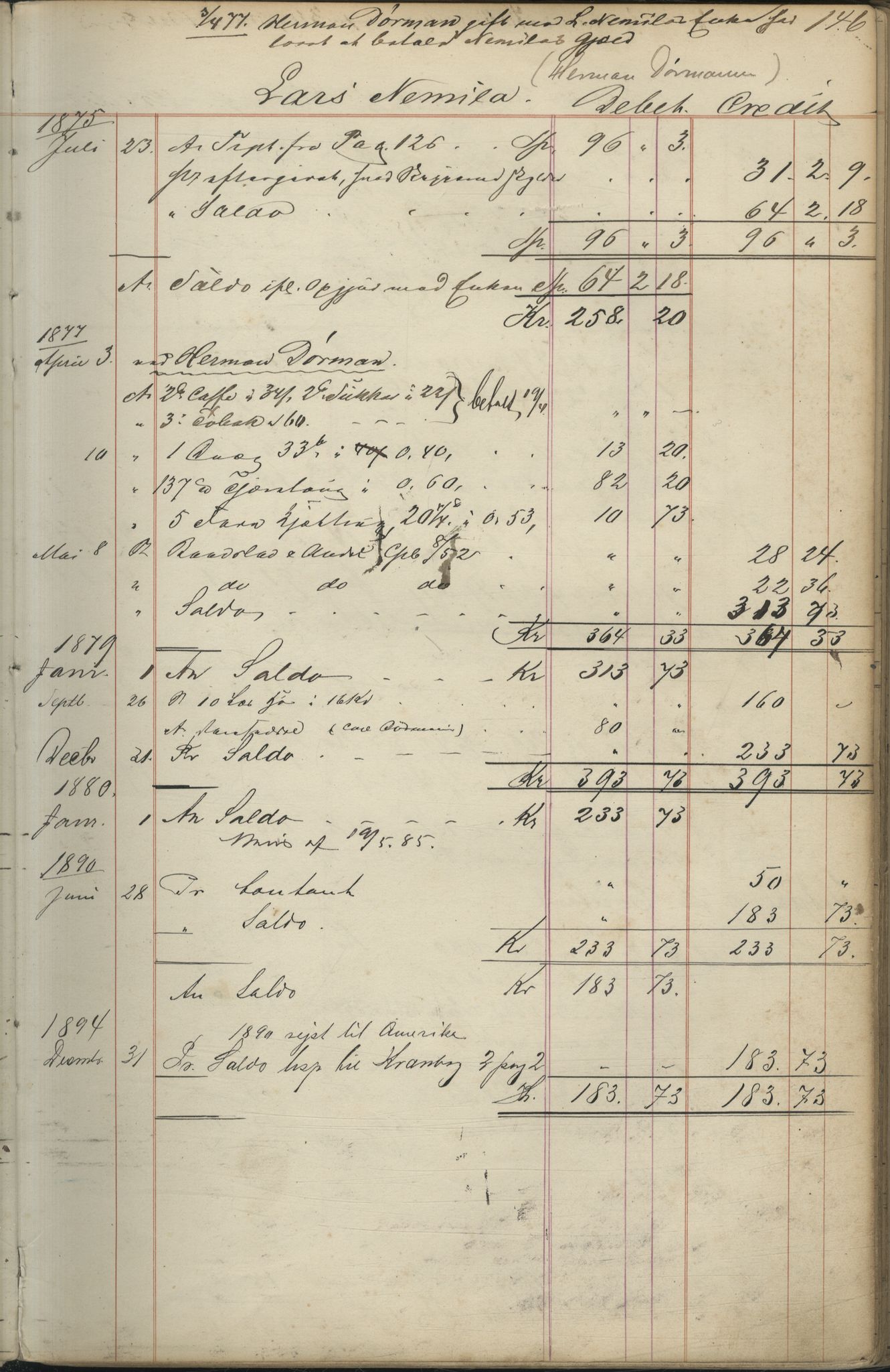 Brodtkorb handel A/S, VAMU/A-0001/F/Fc/L0001/0001: Konto for kvener og nordmenn på Kolahalvøya  / Conto for Kvæner og Nordmænd paa Russefinmarken No 1, 1868-1894, p. 146