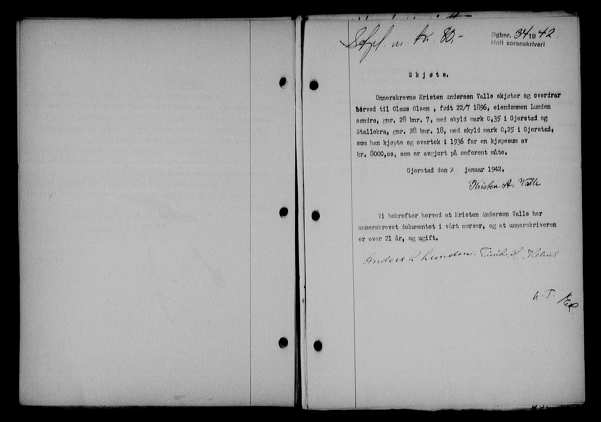 Holt sorenskriveri, AV/SAK-1221-0002/G/Gba/L0050: Mortgage book no. A-V, 1940-1942, Diary no: : 34/1942