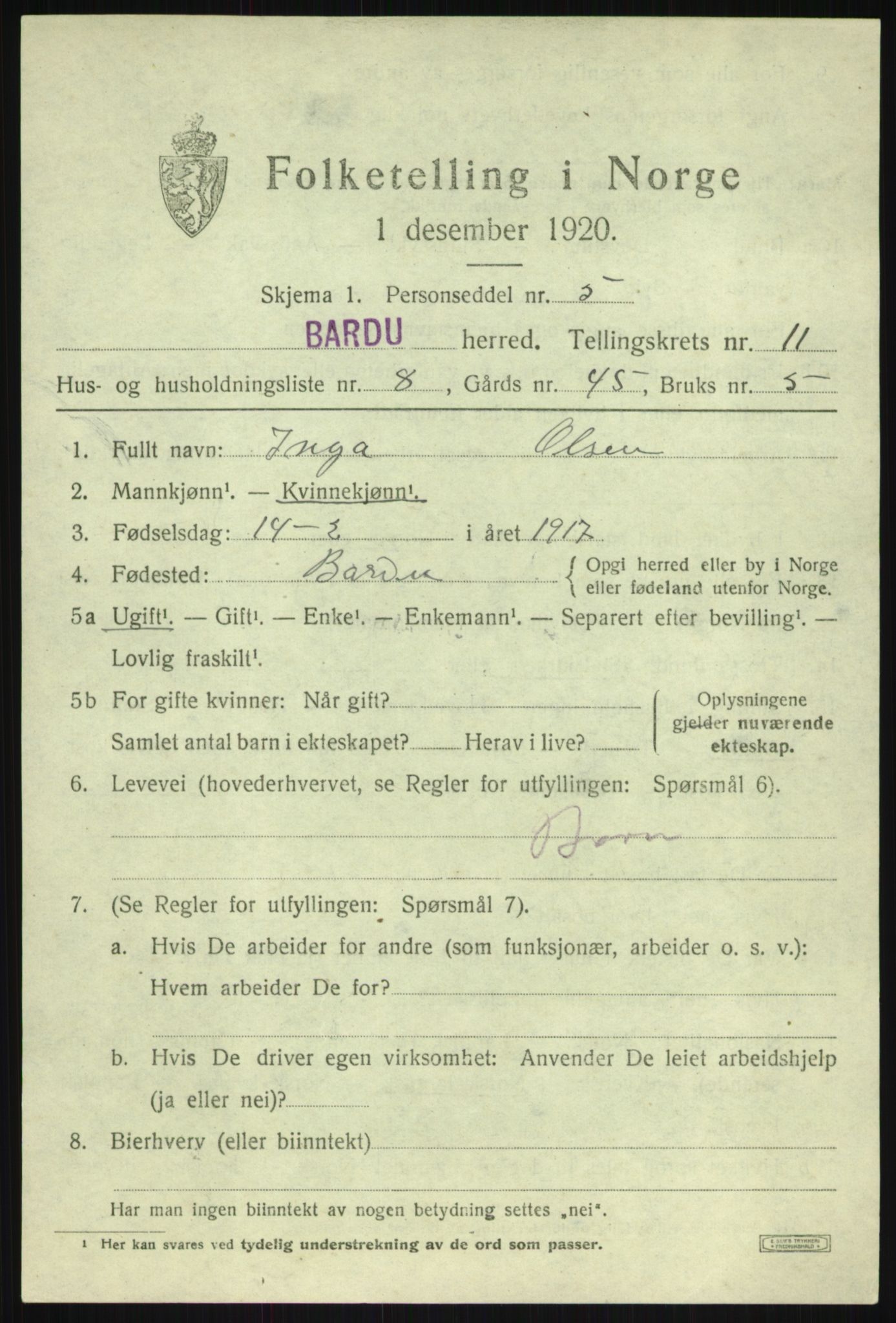 SATØ, 1920 census for Bardu, 1920, p. 3591