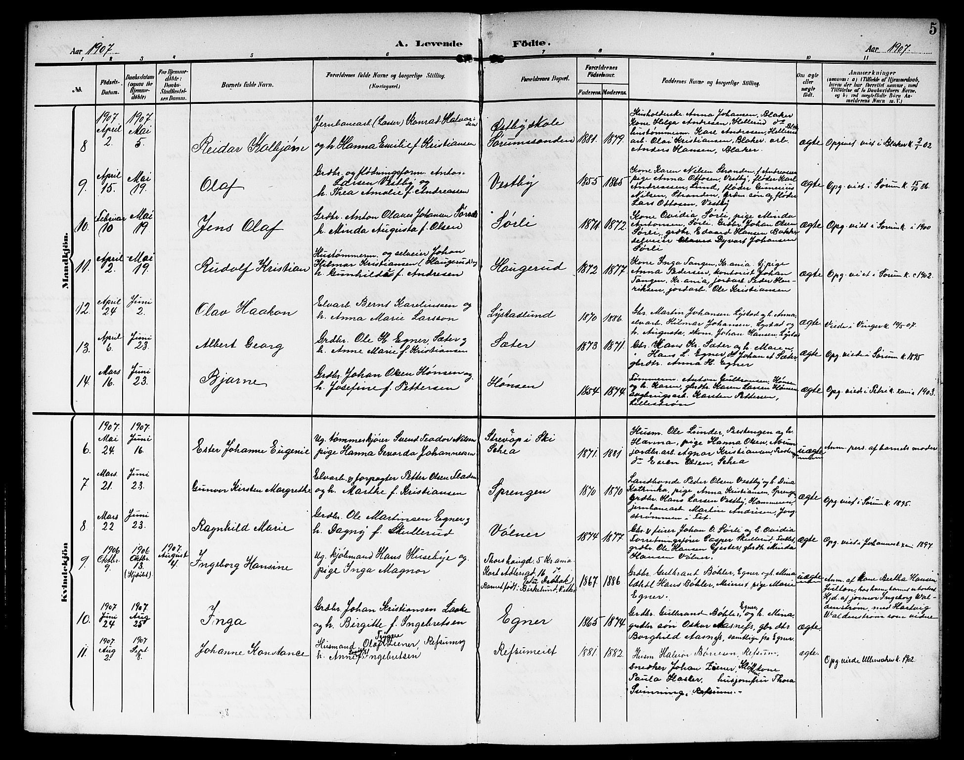 Sørum prestekontor Kirkebøker, AV/SAO-A-10303/G/Ga/L0007: Parish register (copy) no. I 7, 1907-1917, p. 5