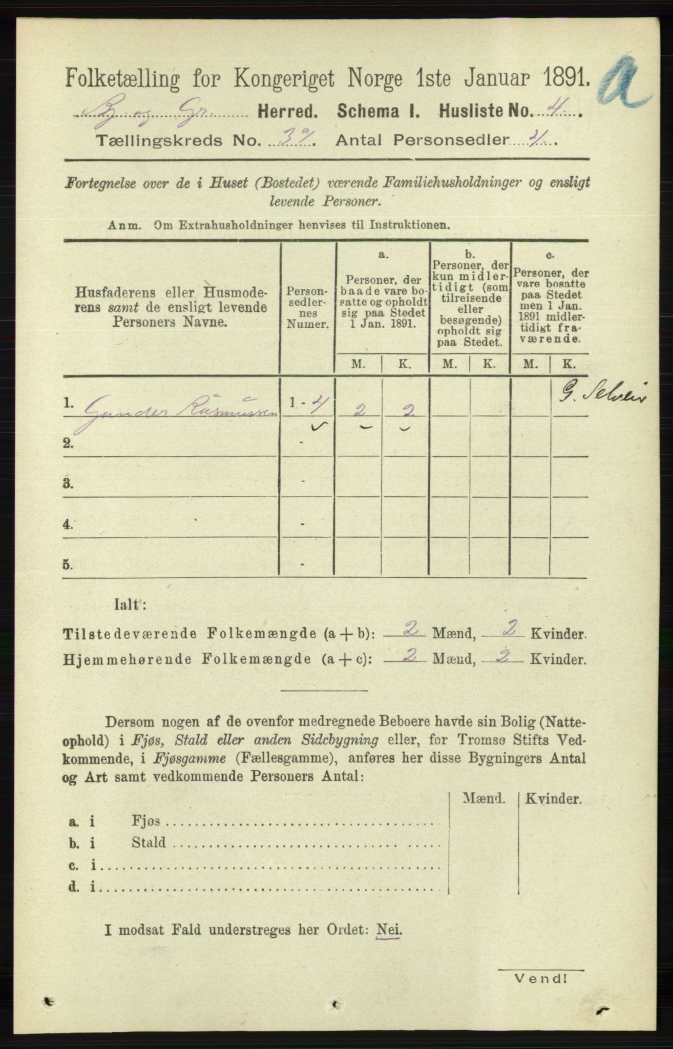 RA, 1891 census for 1024 Bjelland og Grindheim, 1891, p. 1409