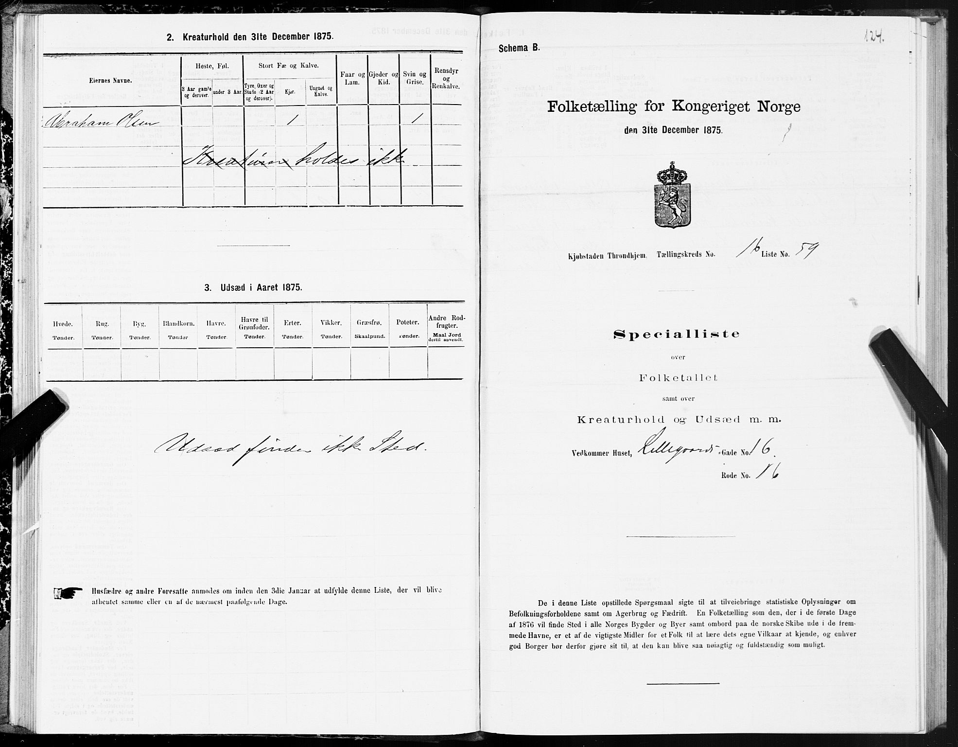 SAT, 1875 census for 1601 Trondheim, 1875, p. 9124