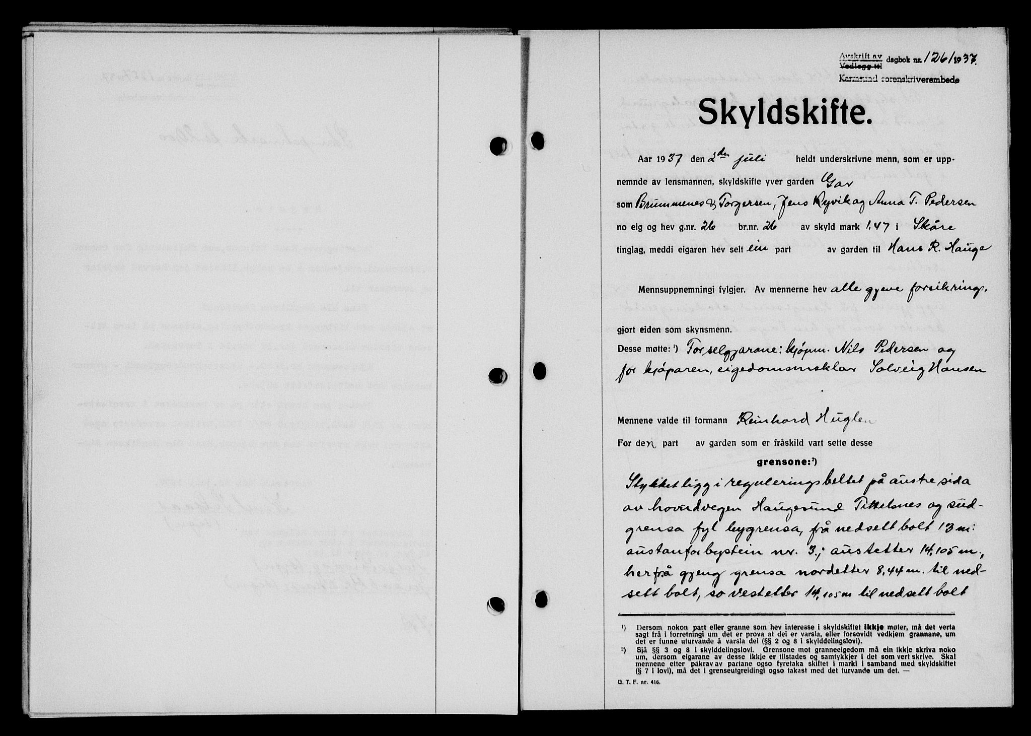 Karmsund sorenskriveri, AV/SAST-A-100311/01/II/IIB/L0068: Mortgage book no. 49A, 1937-1937, Diary no: : 1261/1937