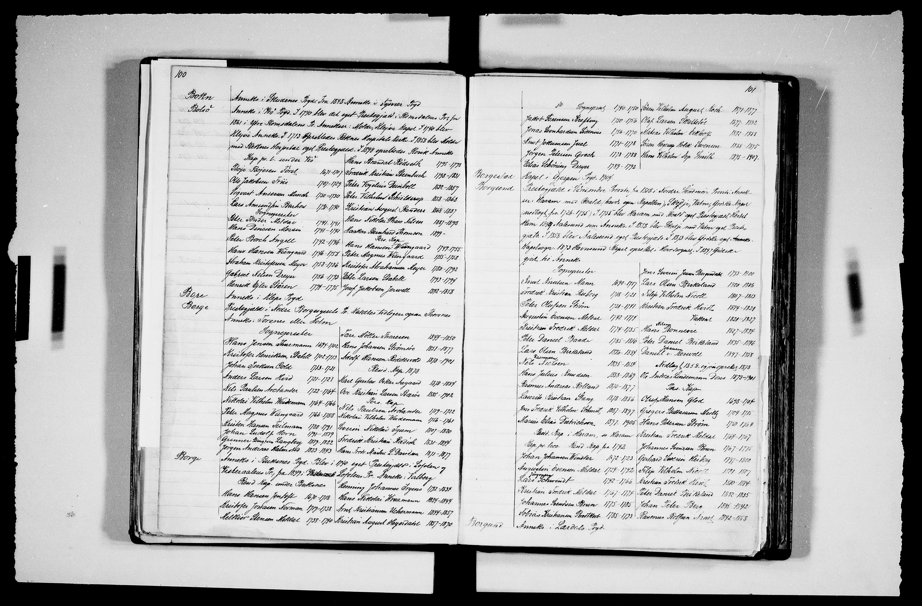 Manuskriptsamlingen, RA/EA-3667/F/L0111a: Schiørn, Fredrik; Den norske kirkes embeter og prester 1700-1900, Embeter, 1700-1900, p. 100-101
