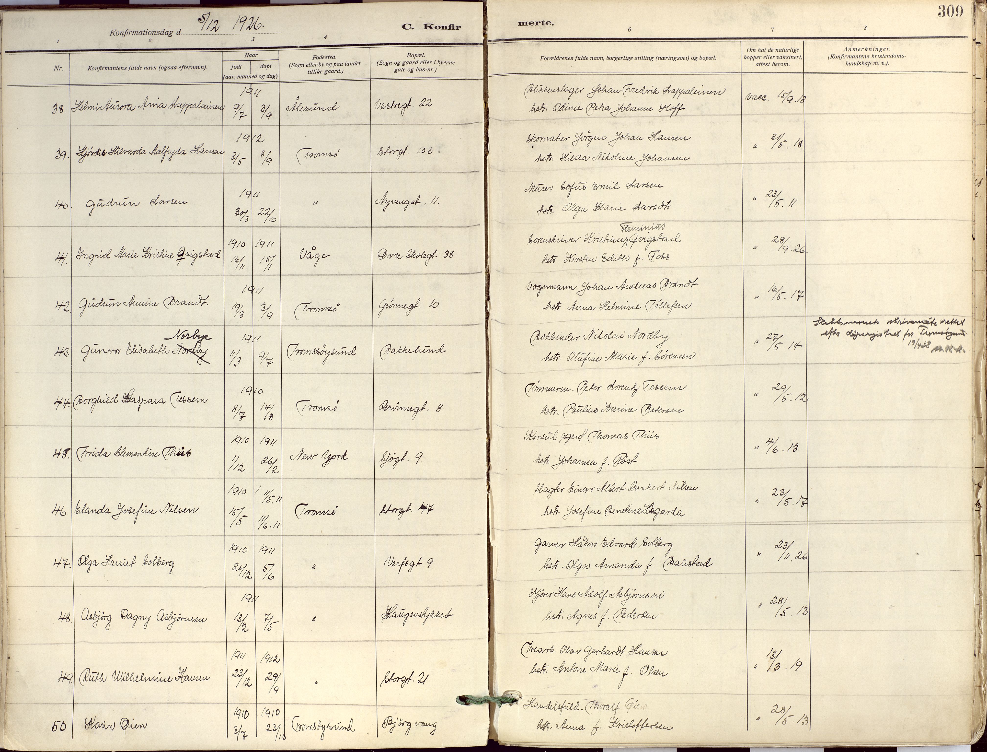 Tromsø sokneprestkontor/stiftsprosti/domprosti, AV/SATØ-S-1343/G/Ga/L0019kirke: Parish register (official) no. 19, 1917-1927, p. 309