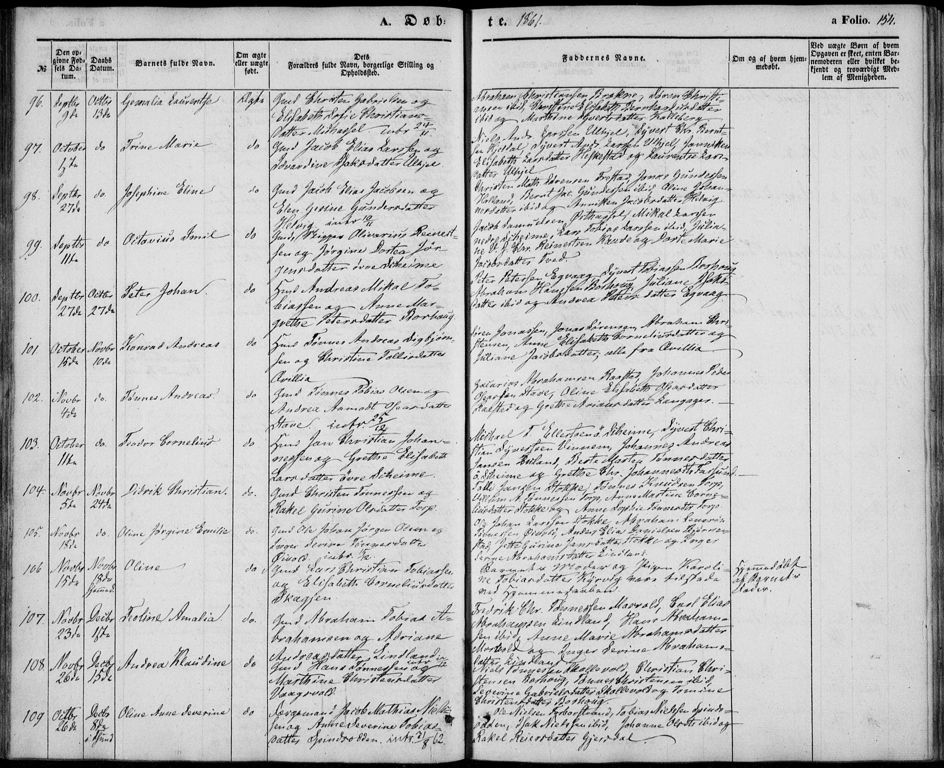 Lista sokneprestkontor, AV/SAK-1111-0027/F/Fb/L0002: Parish register (copy) no. B 2, 1847-1862, p. 154