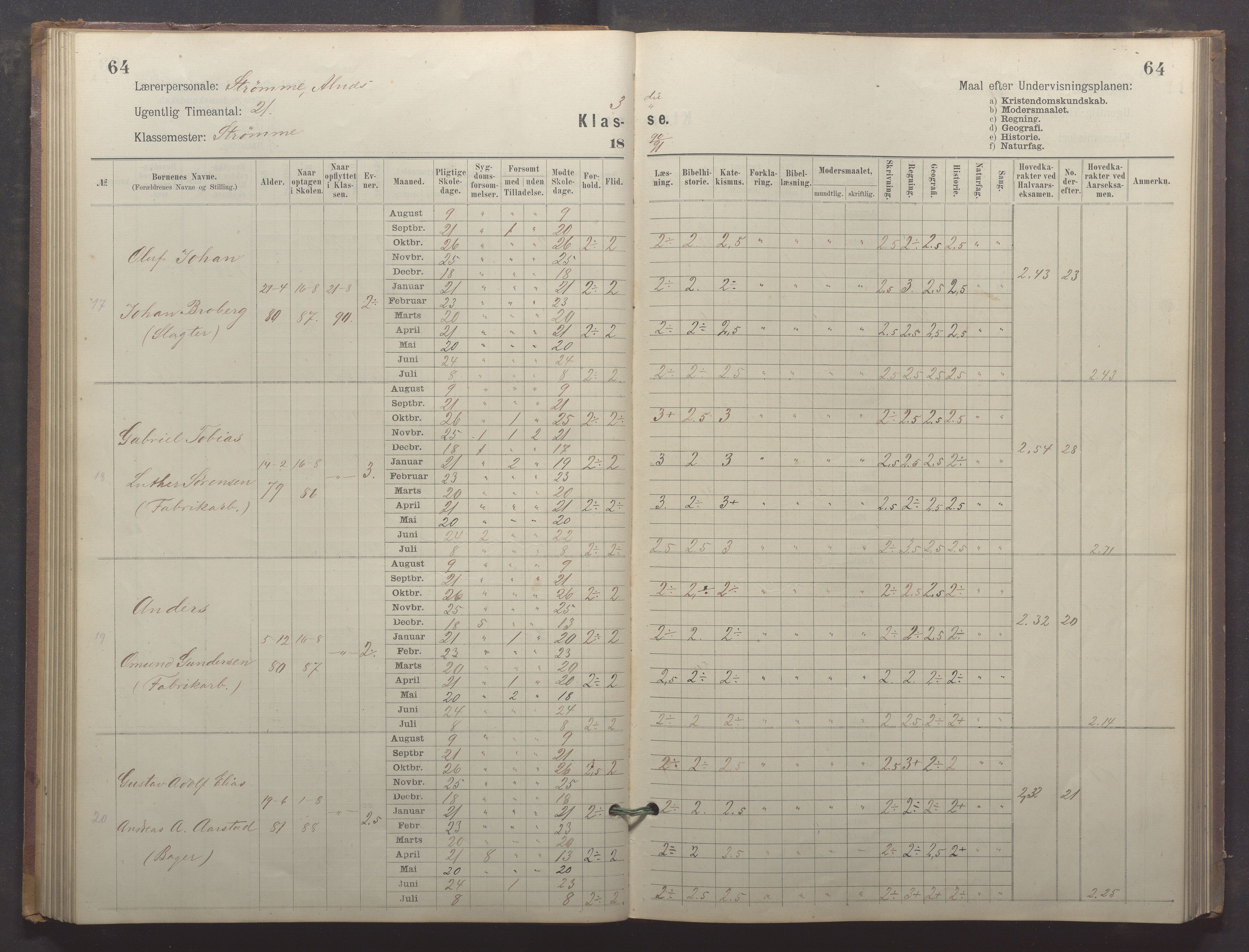 Egersund kommune (Ladested) - Egersund almueskole/folkeskole, IKAR/K-100521/H/L0024: Skoleprotokoll - Almueskolen, 3. klasse, 1887-1892, p. 64