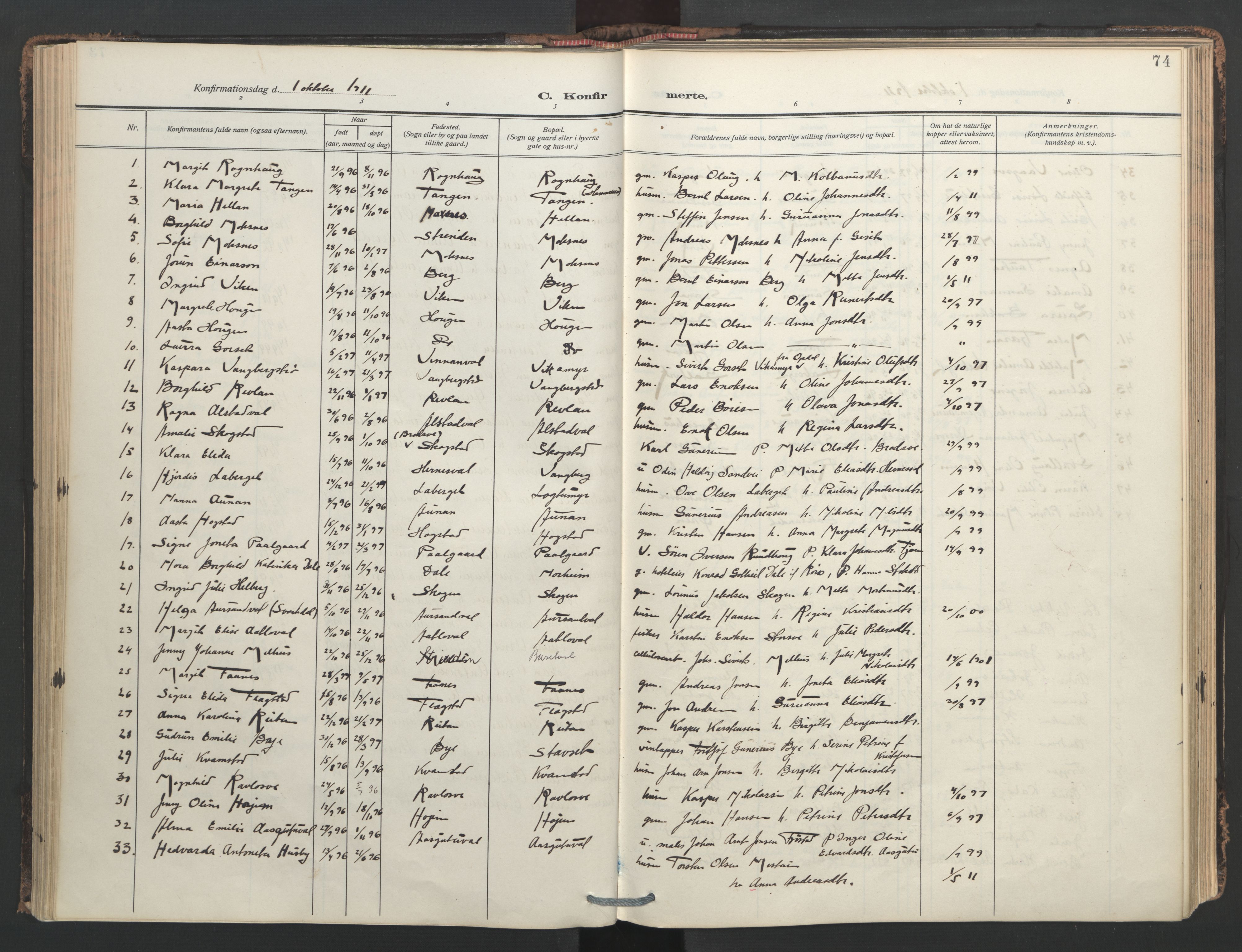 Ministerialprotokoller, klokkerbøker og fødselsregistre - Nord-Trøndelag, SAT/A-1458/713/L0123: Parish register (official) no. 713A12, 1911-1925, p. 74