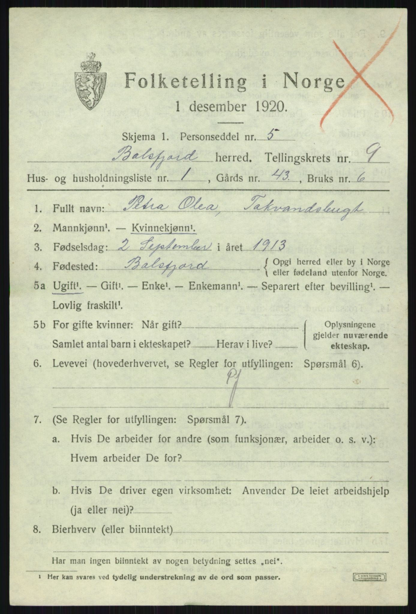 SATØ, 1920 census for Balsfjord, 1920, p. 5048