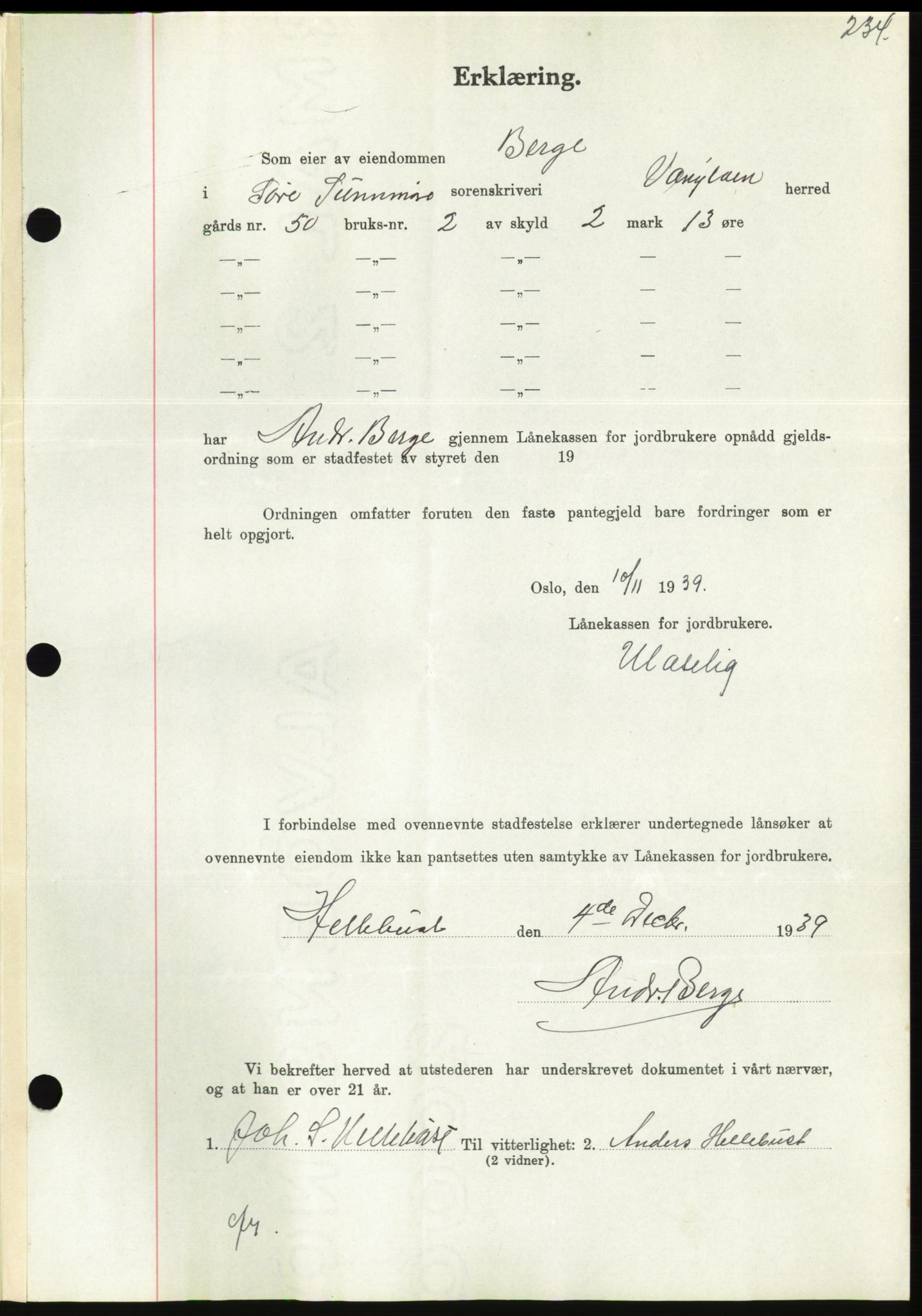 Søre Sunnmøre sorenskriveri, AV/SAT-A-4122/1/2/2C/L0069: Mortgage book no. 63, 1939-1940, Diary no: : 1821/1939