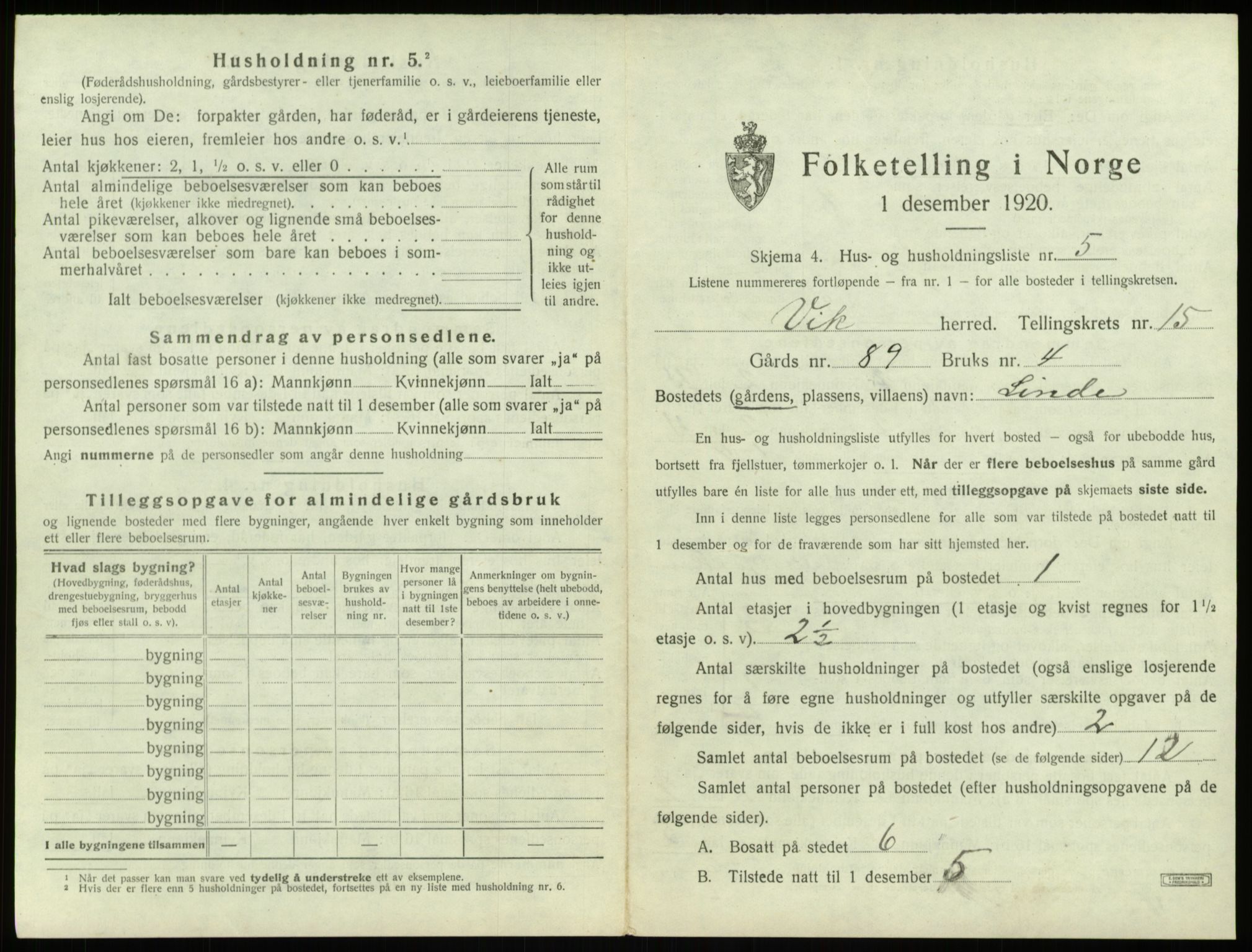 SAB, 1920 census for Vik, 1920, p. 1248