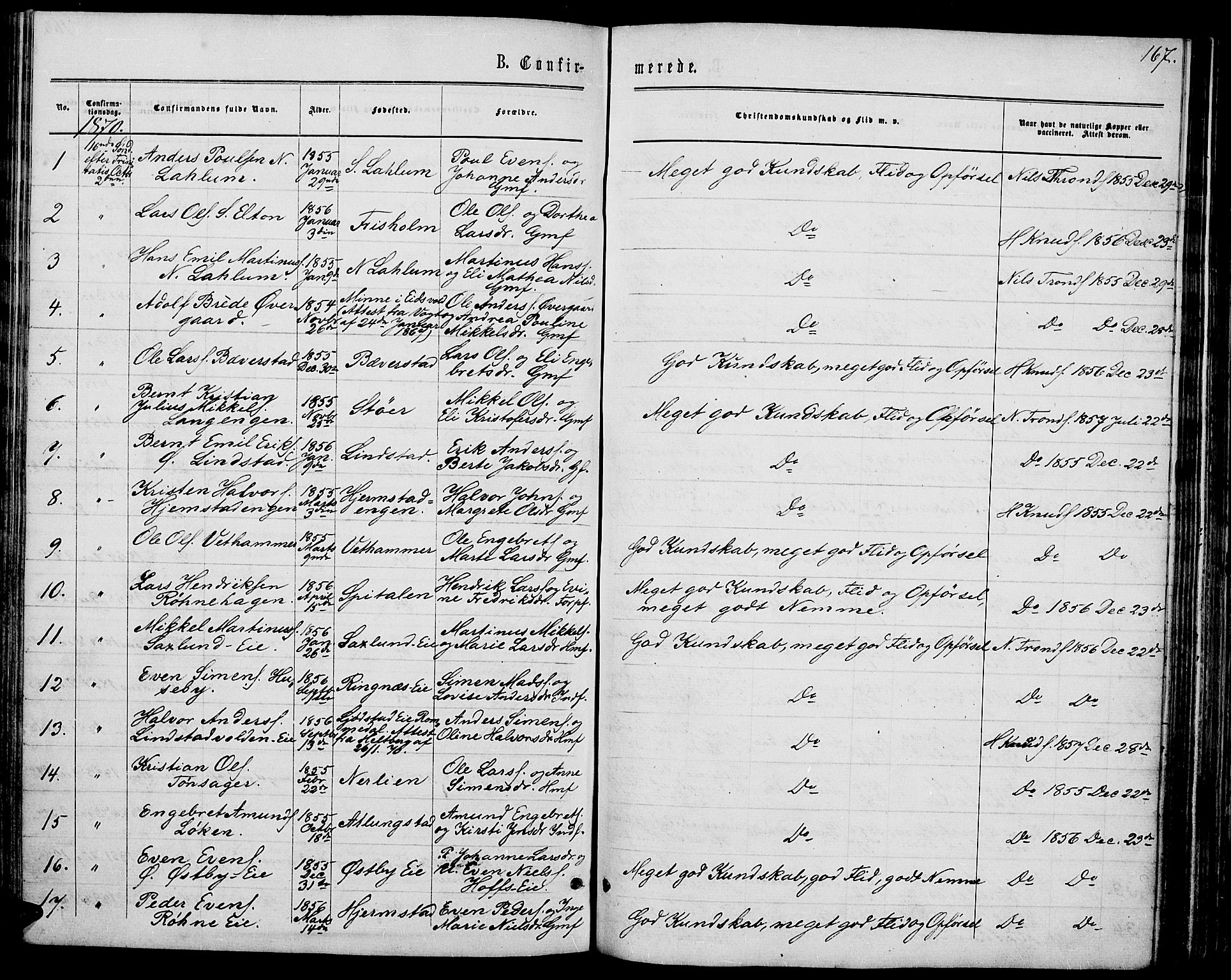 Stange prestekontor, SAH/PREST-002/L/L0006: Parish register (copy) no. 6, 1864-1882, p. 167