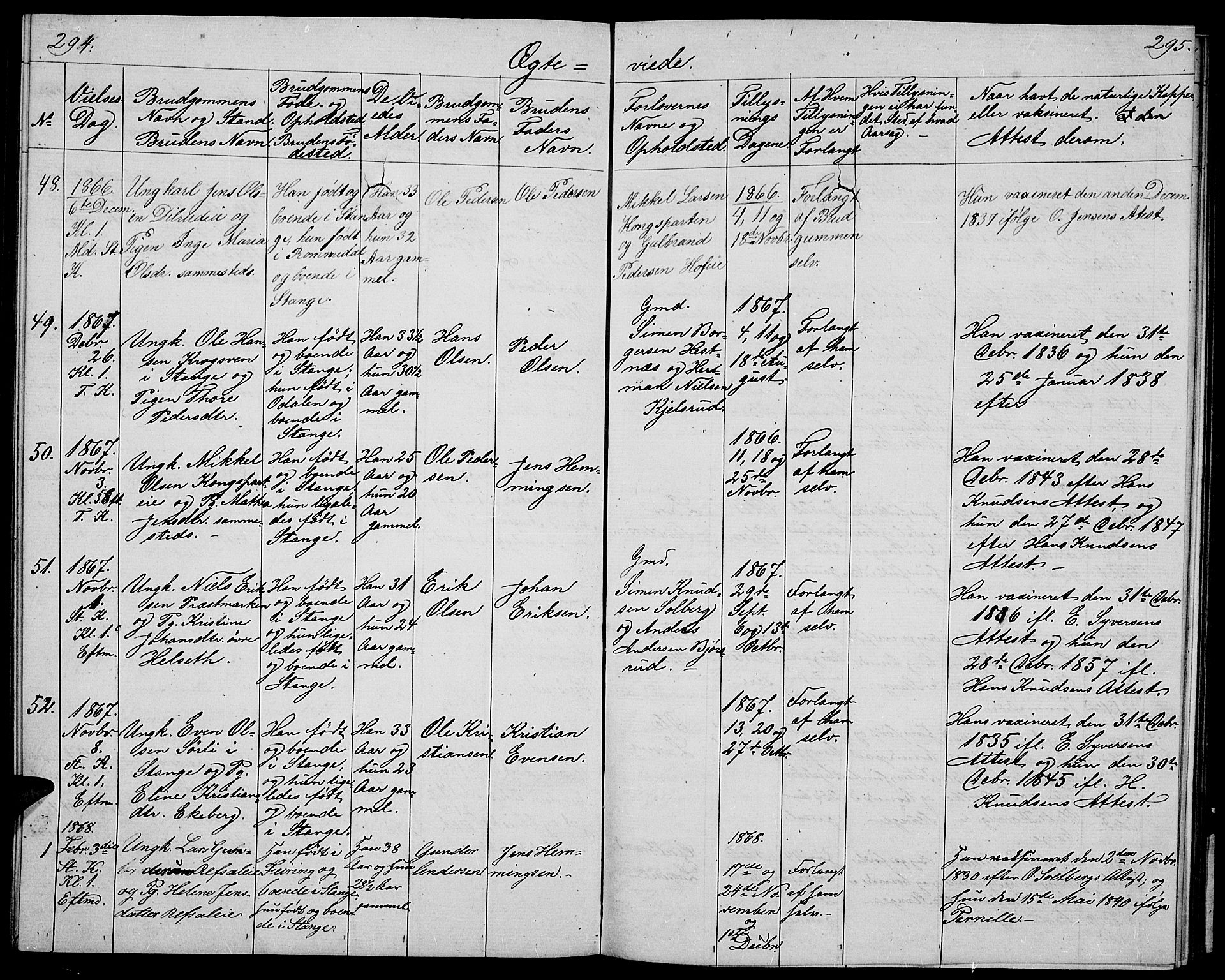 Stange prestekontor, SAH/PREST-002/L/L0004: Parish register (copy) no. 4, 1861-1869, p. 294-295