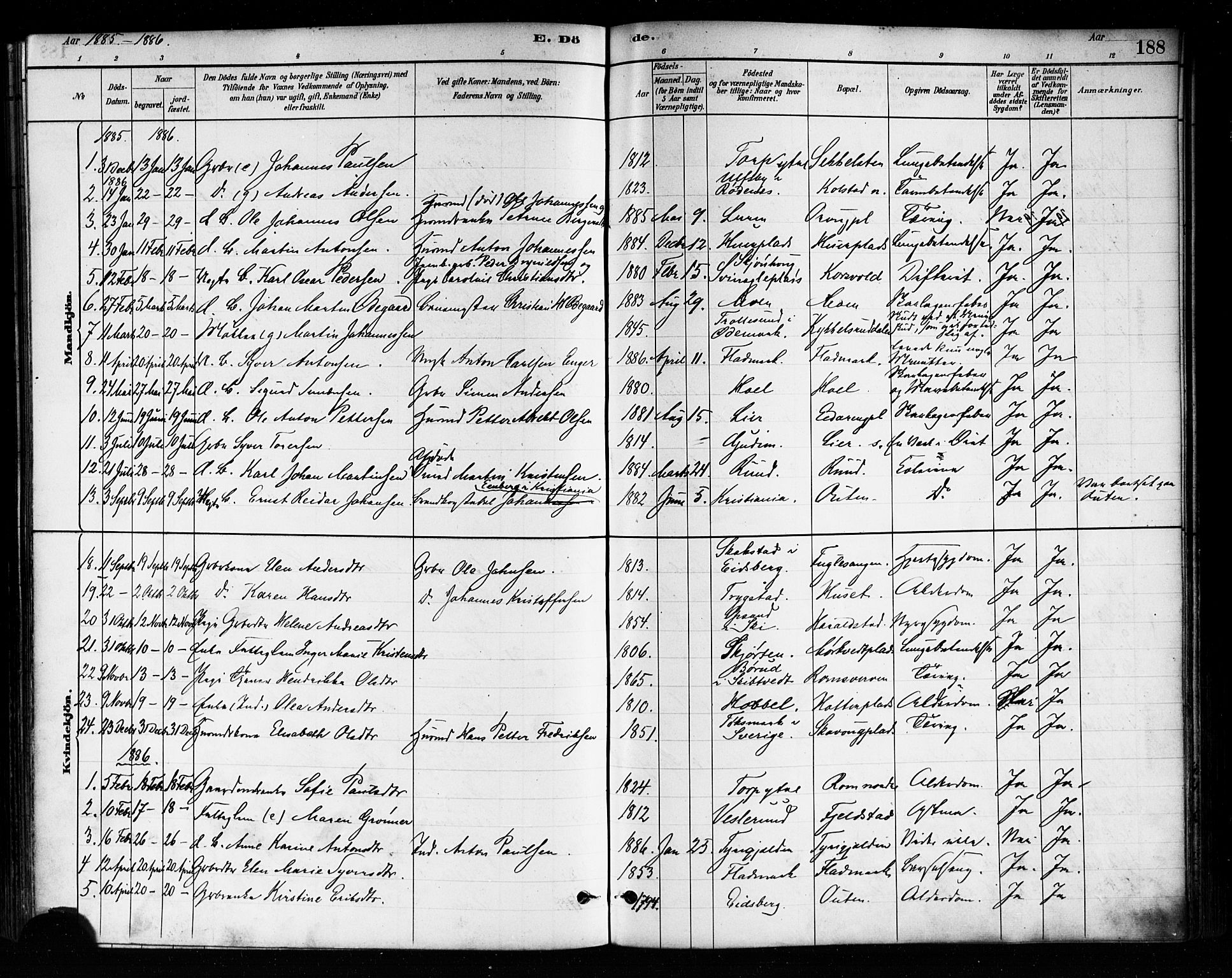 Askim prestekontor Kirkebøker, SAO/A-10900/F/Fa/L0007: Parish register (official) no. 7, 1882-1897, p. 188