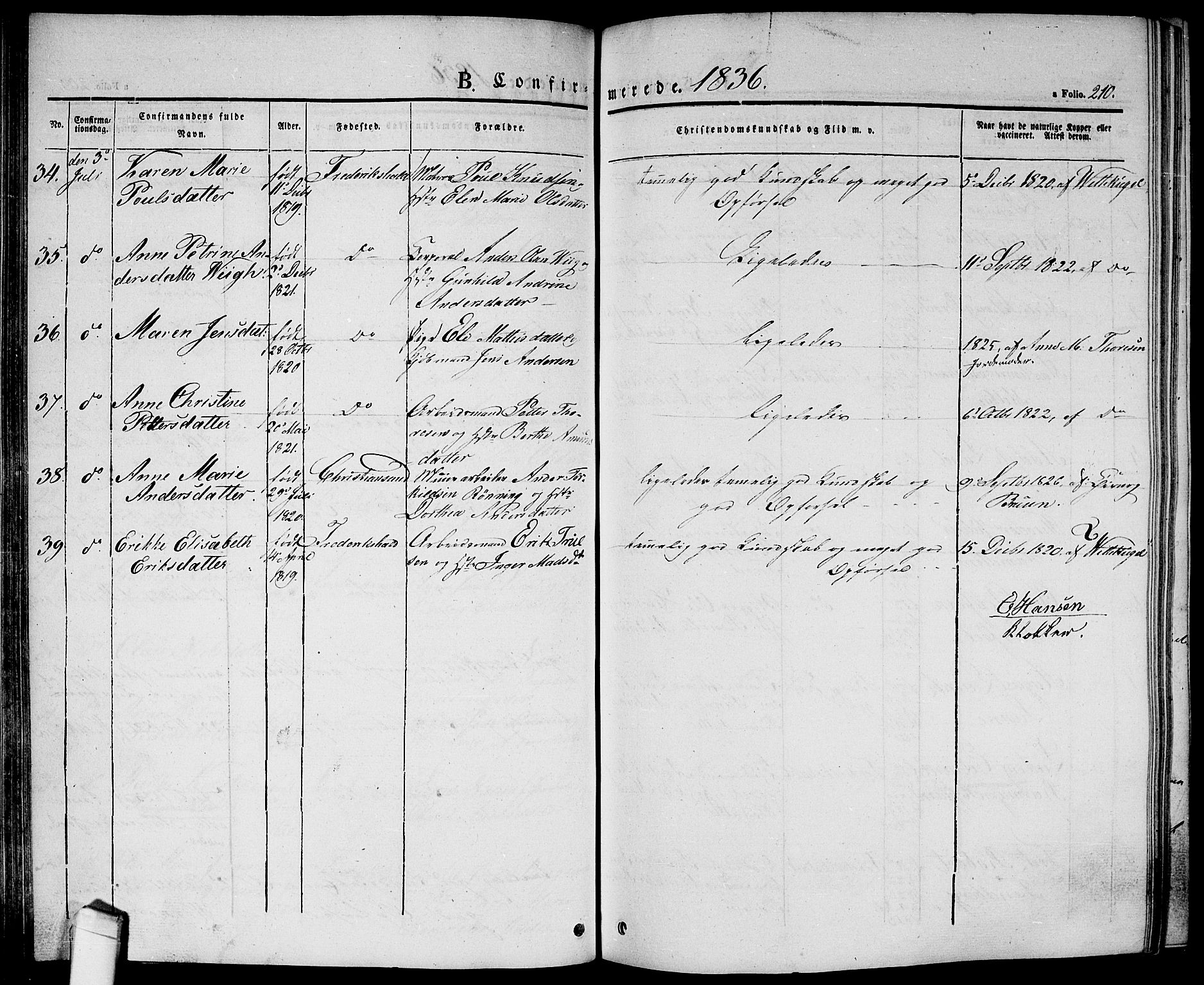 Halden prestekontor Kirkebøker, SAO/A-10909/G/Ga/L0003: Parish register (copy) no. 3, 1834-1844, p. 210