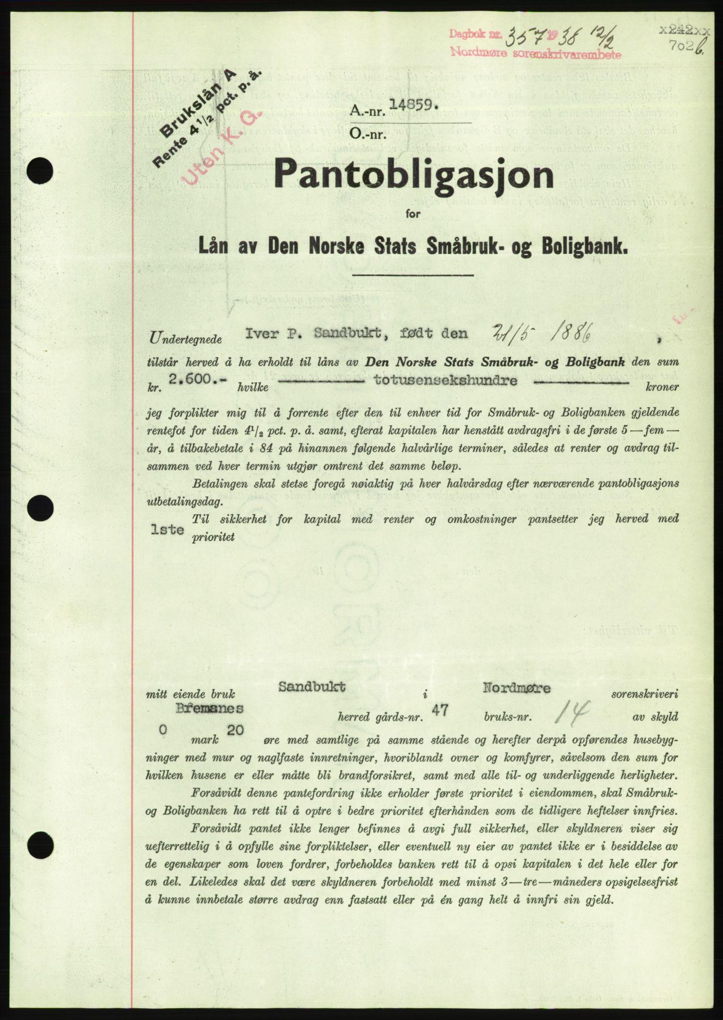 Nordmøre sorenskriveri, AV/SAT-A-4132/1/2/2Ca/L0092: Mortgage book no. B82, 1937-1938, Diary no: : 357/1938