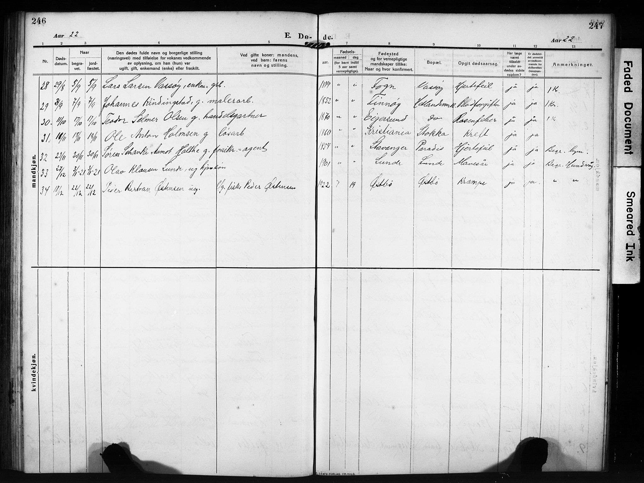 Hetland sokneprestkontor, AV/SAST-A-101826/30/30BB/L0009: Parish register (copy) no. B 9, 1910-1931, p. 246-247