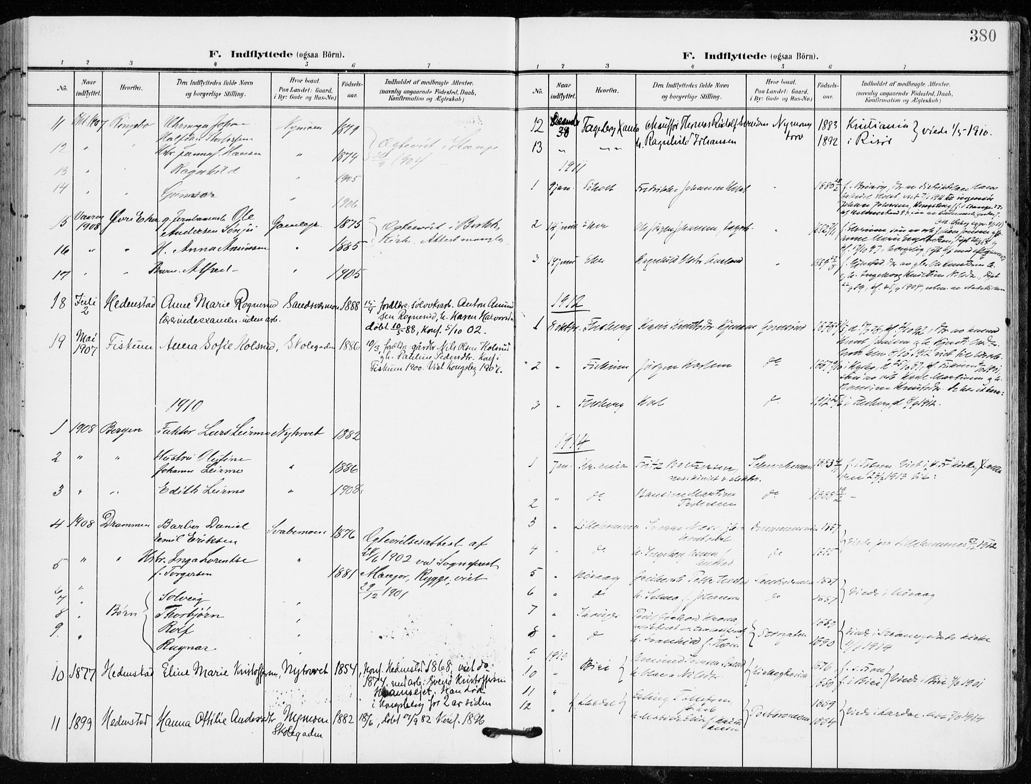 Kongsberg kirkebøker, AV/SAKO-A-22/F/Fb/L0004: Parish register (official) no. II 4, 1906-1918, p. 380