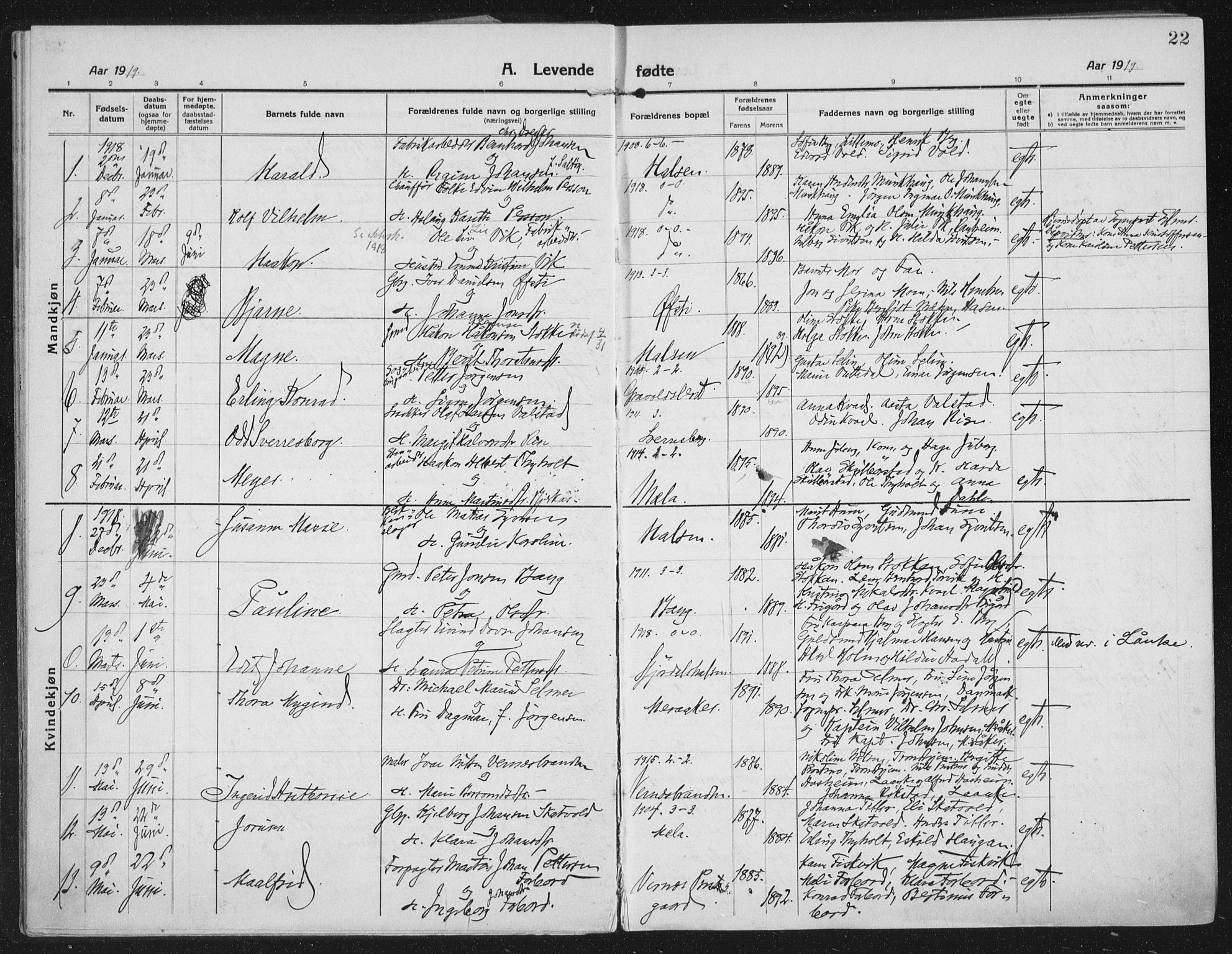 Ministerialprotokoller, klokkerbøker og fødselsregistre - Nord-Trøndelag, SAT/A-1458/709/L0083: Parish register (official) no. 709A23, 1916-1928, p. 22