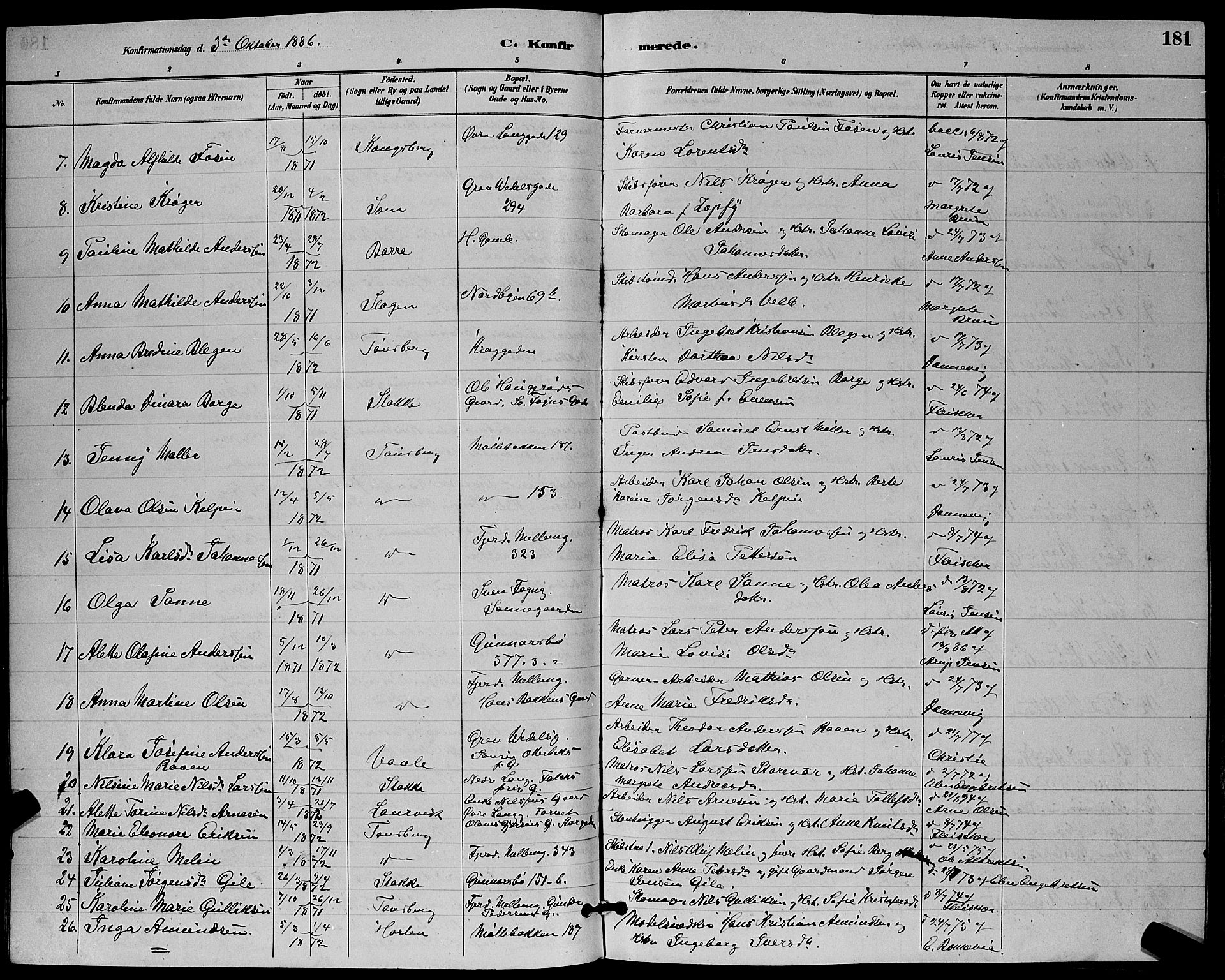 Tønsberg kirkebøker, AV/SAKO-A-330/G/Ga/L0006: Parish register (copy) no. 6, 1885-1895, p. 181