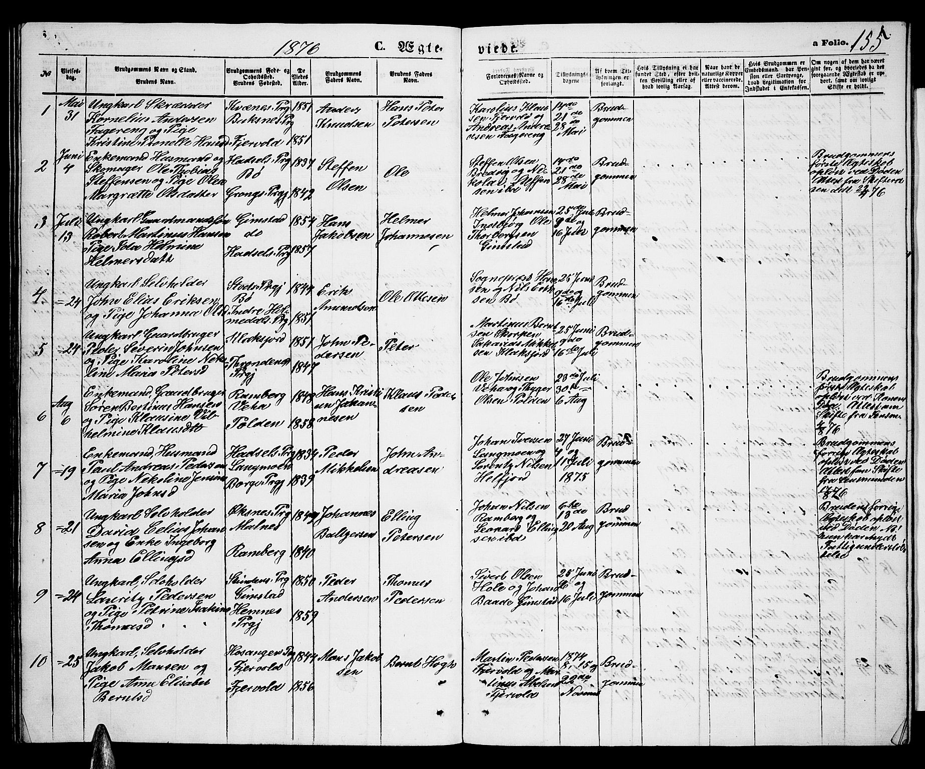 Ministerialprotokoller, klokkerbøker og fødselsregistre - Nordland, AV/SAT-A-1459/891/L1314: Parish register (copy) no. 891C03, 1870-1885, p. 155