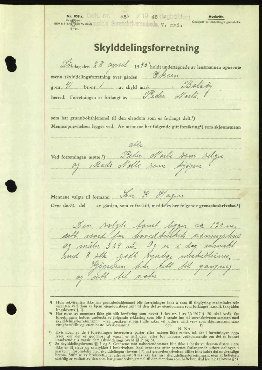 Romsdal sorenskriveri, AV/SAT-A-4149/1/2/2C: Mortgage book no. A17, 1944-1945, Diary no: : 582/1945