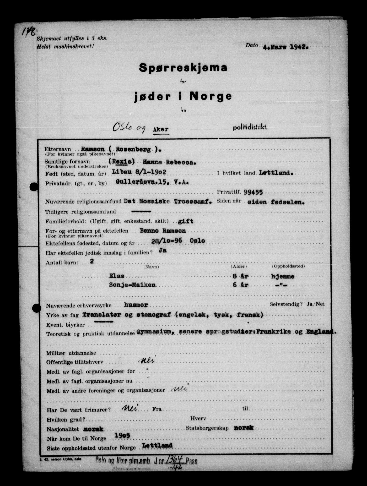 Statspolitiet - Hovedkontoret / Osloavdelingen, AV/RA-S-1329/G/Ga/L0012: Spørreskjema for jøder i Norge. 1: Aker 114- 207 (Levinson-Wozak) og 656 (Salomon). 2: Arendal-Hordaland. 3: Horten-Romerike.  , 1942, p. 105