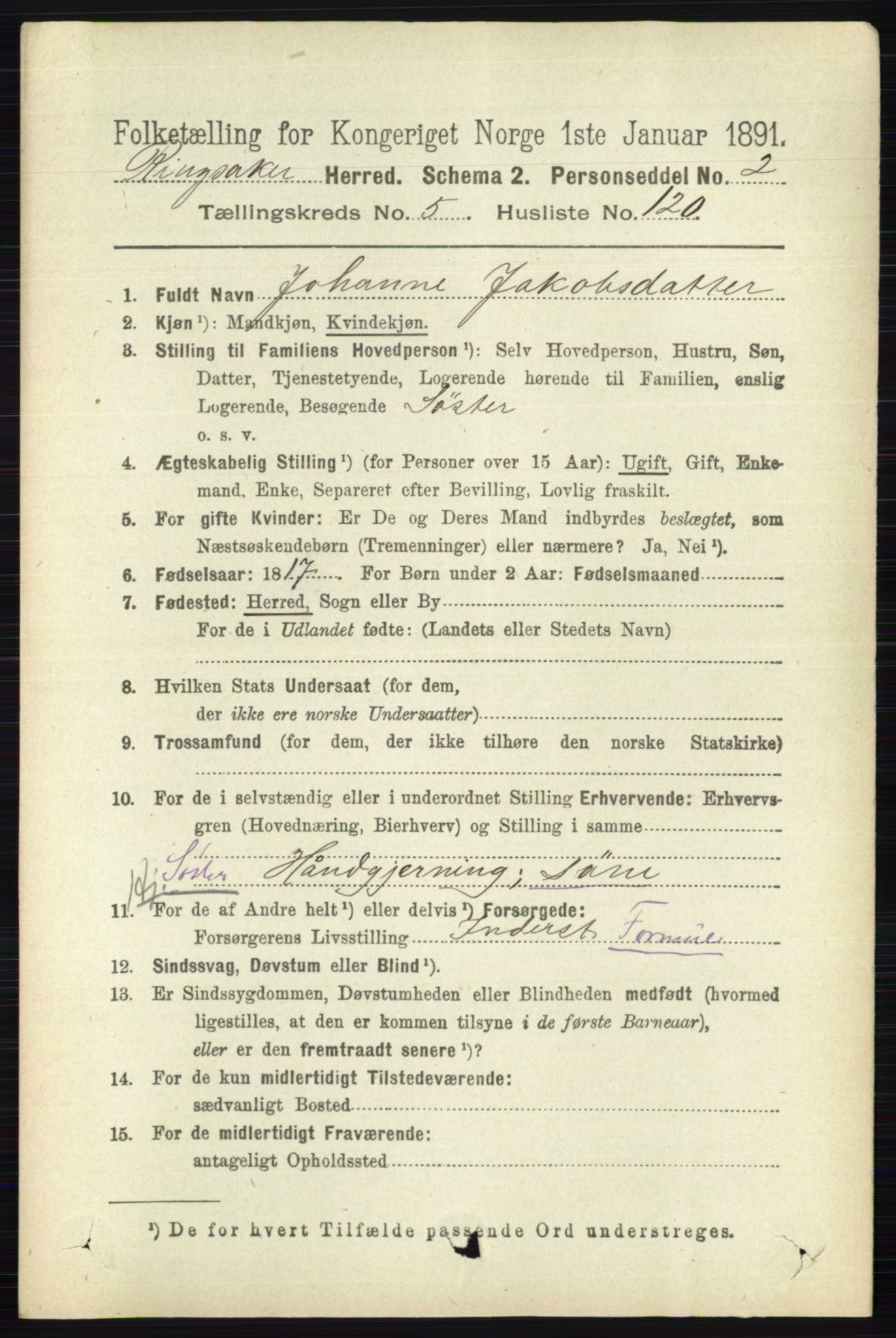 RA, 1891 census for 0412 Ringsaker, 1891, p. 3080