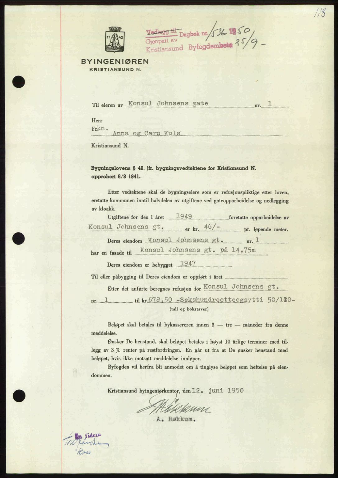 Kristiansund byfogd, AV/SAT-A-4587/A/27: Mortgage book no. 50, 1950-1950, Diary no: : 1536/1950