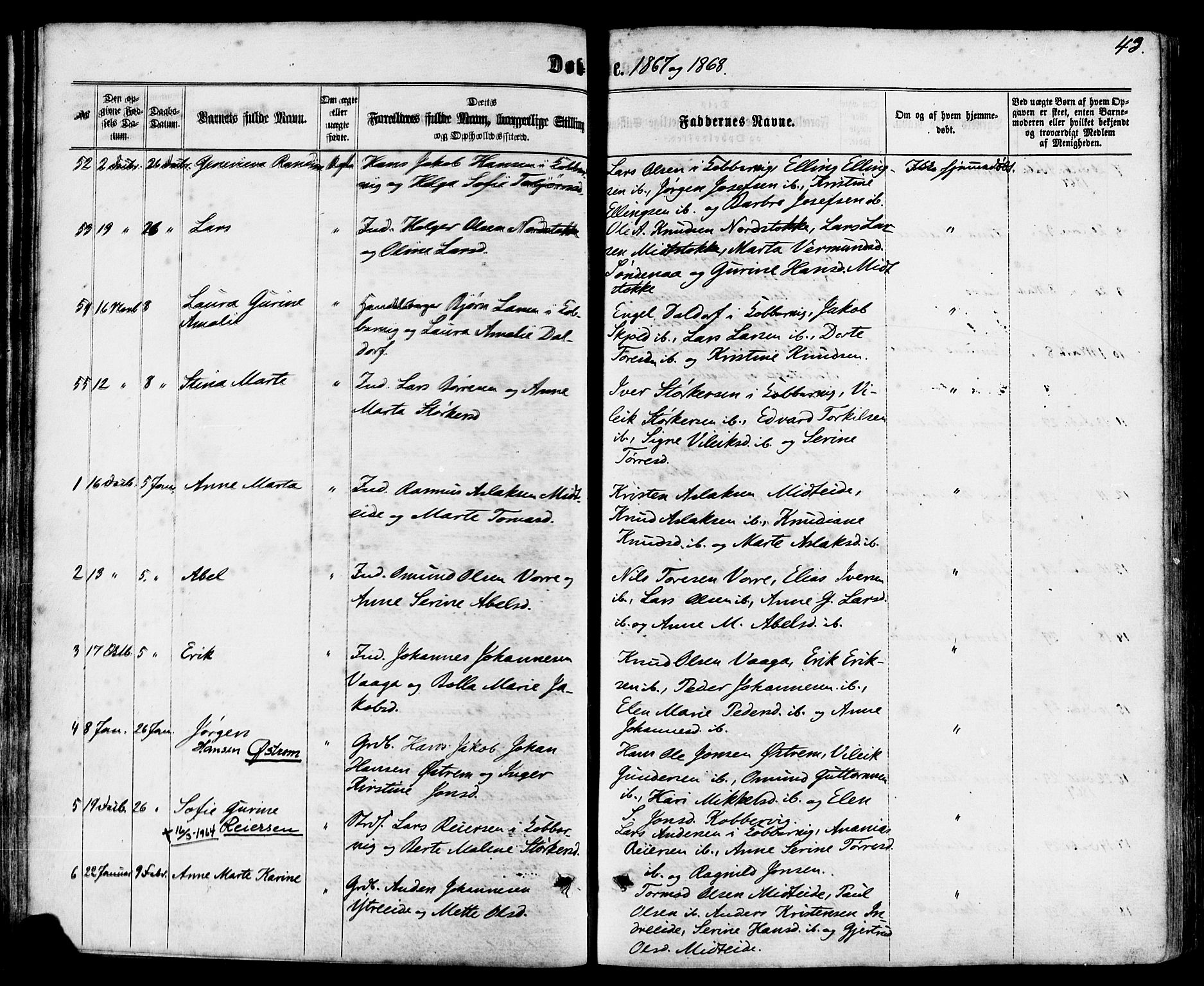 Avaldsnes sokneprestkontor, SAST/A -101851/H/Ha/Haa/L0011: Parish register (official) no. A 11, 1861-1880, p. 43