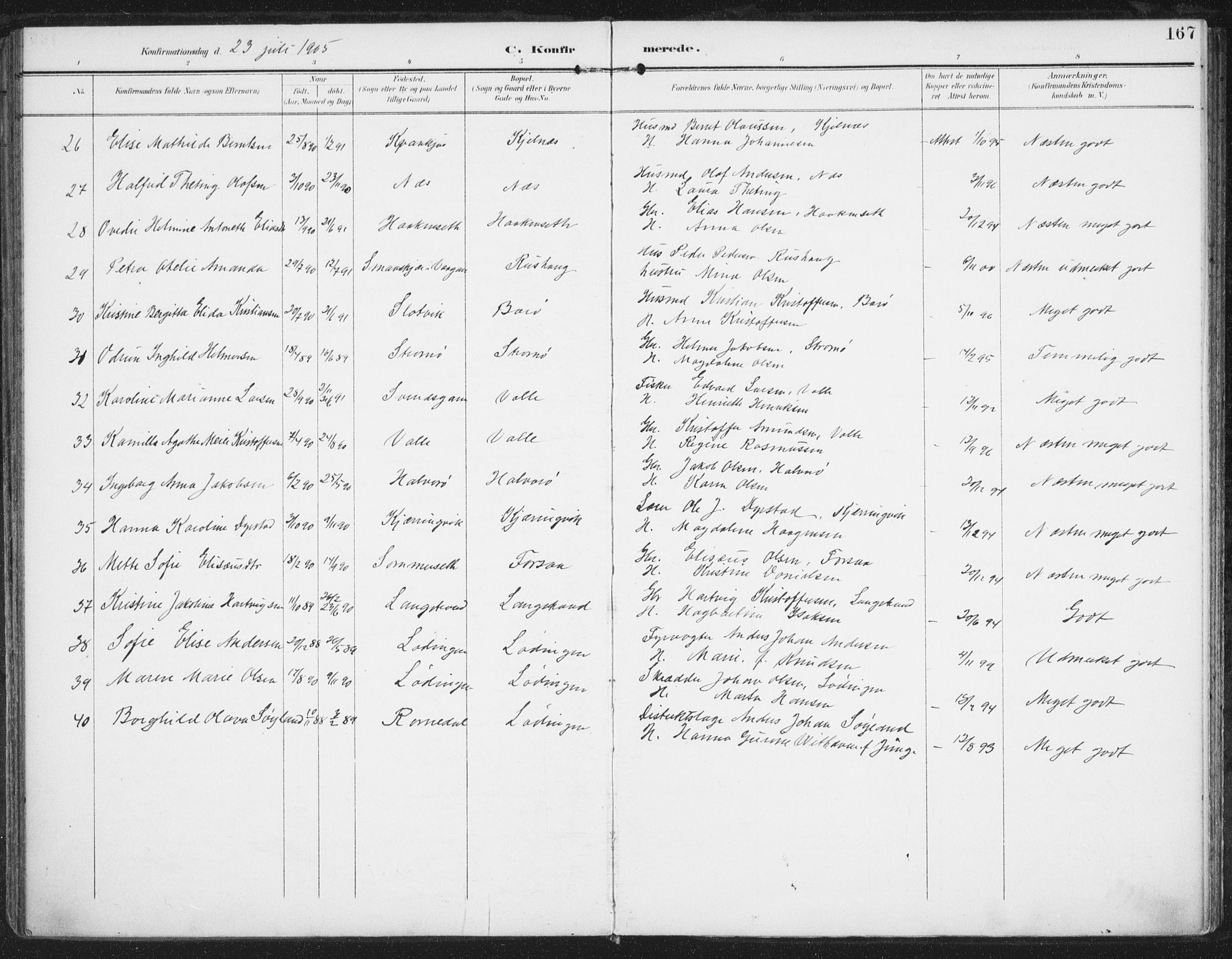 Ministerialprotokoller, klokkerbøker og fødselsregistre - Nordland, AV/SAT-A-1459/872/L1036: Parish register (official) no. 872A11, 1897-1913, p. 167