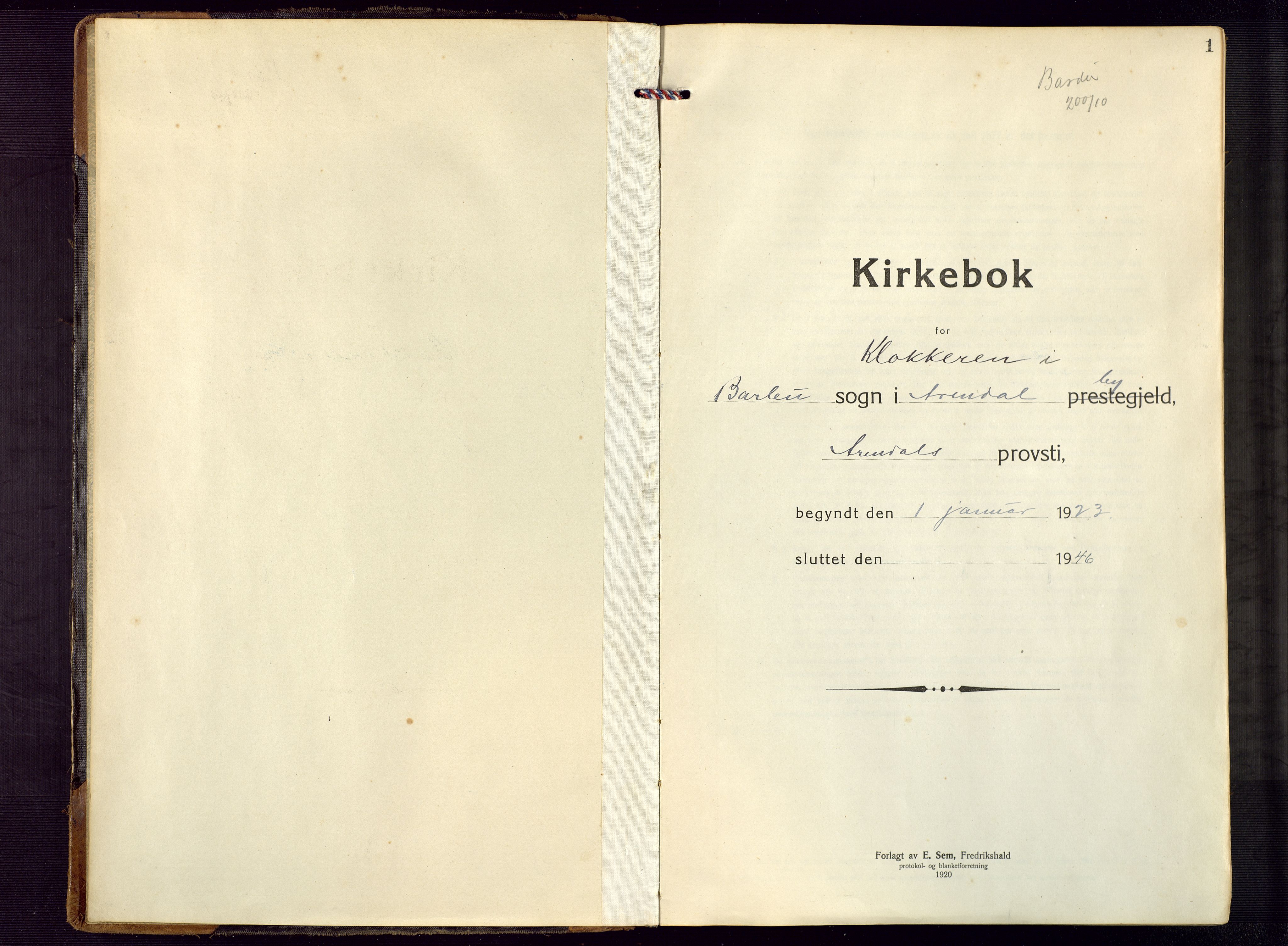 Barbu sokneprestkontor, AV/SAK-1111-0003/F/Fb/L0005: Parish register (copy) no. B 5, 1923-1946, p. 1