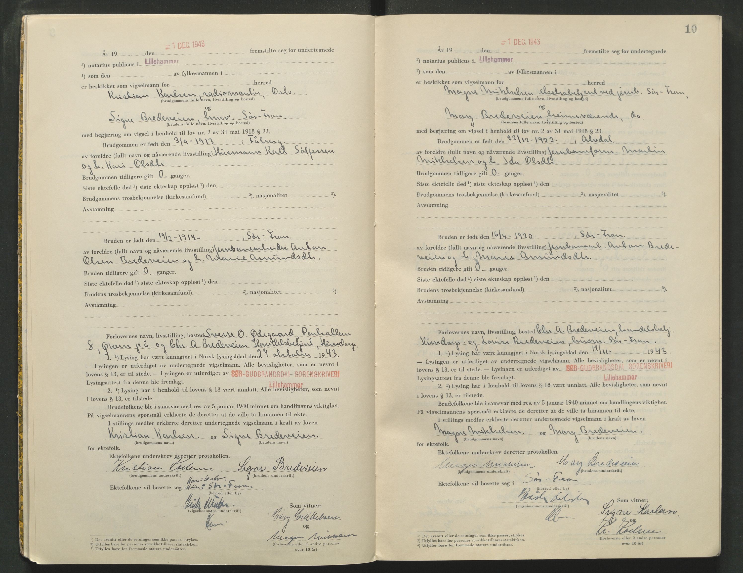 Sør-Gudbrandsdal tingrett, AV/SAH-TING-004/L/Lc/L0004: Vigselsprotokoll, 1943-1944, p. 10