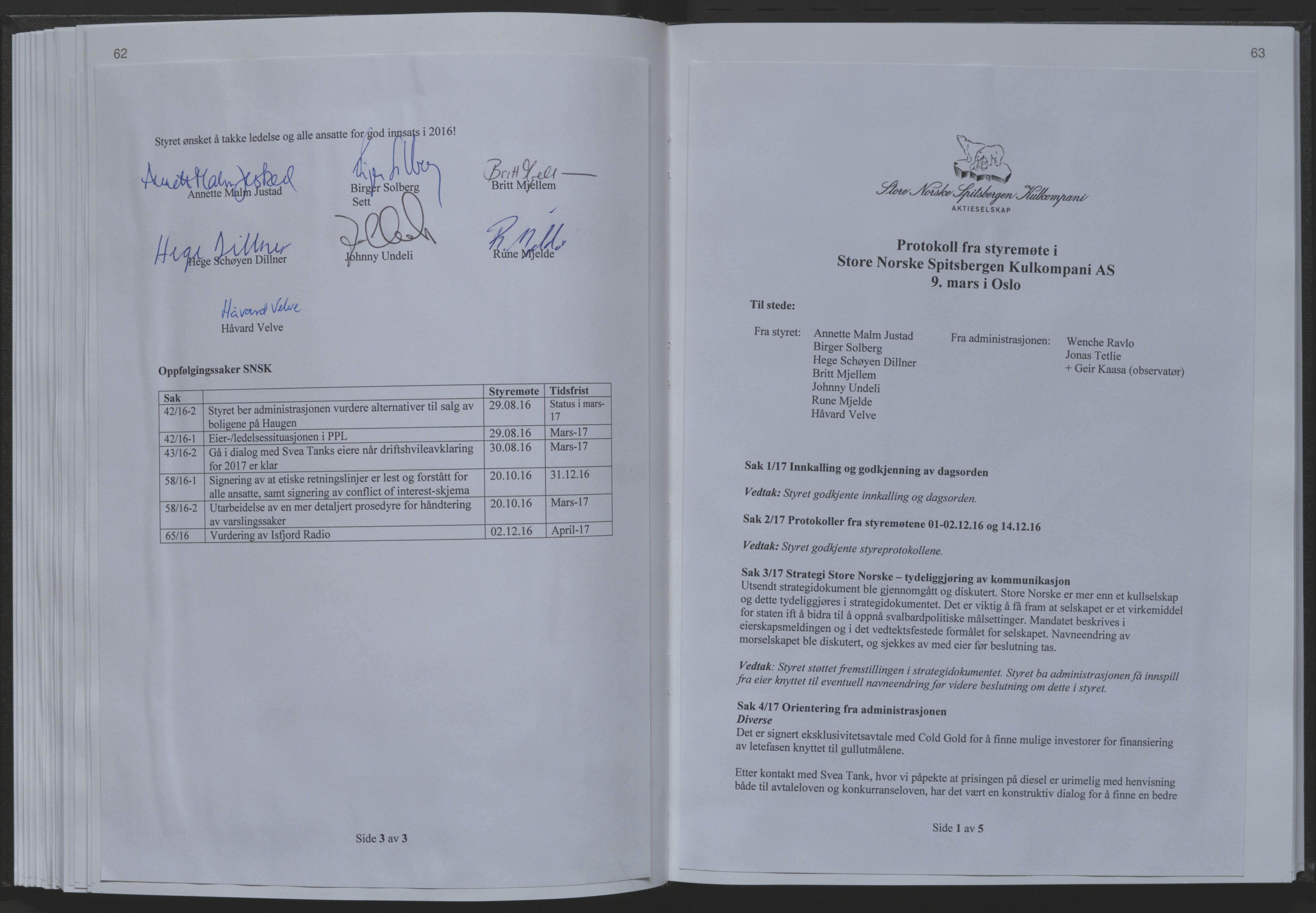 Store Norske Spitsbergen Kulkompani A/S, AV/SATØ-P-0073/09/A/Ab/Aba/L0008: Styreprotokoll 13, 2015-2018, p. 62-63