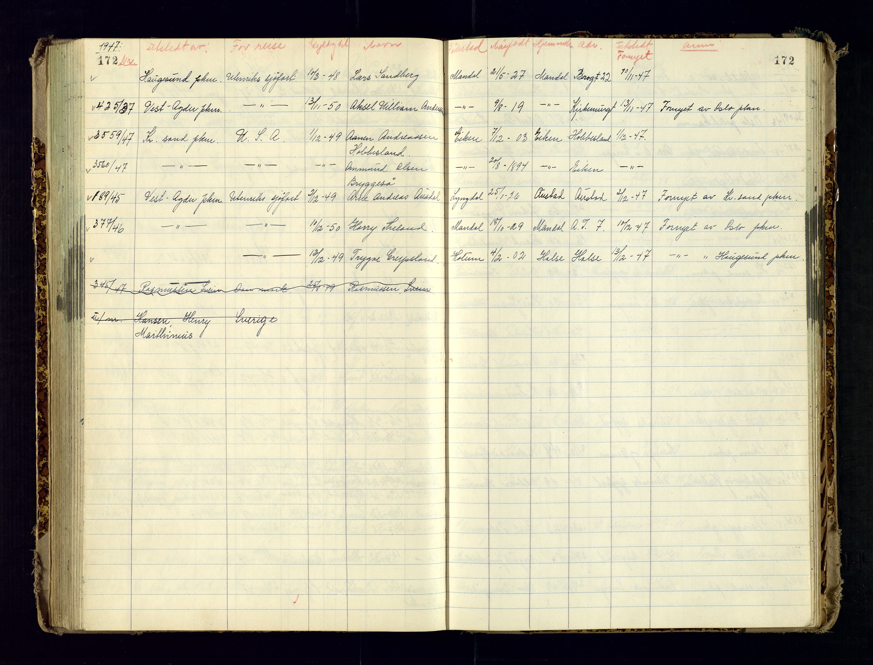 Vest-Agder politikammer, AV/SAK-1243-0008/K/Ka/L0088: Passprotokoll med register, 1946-1951, p. 172