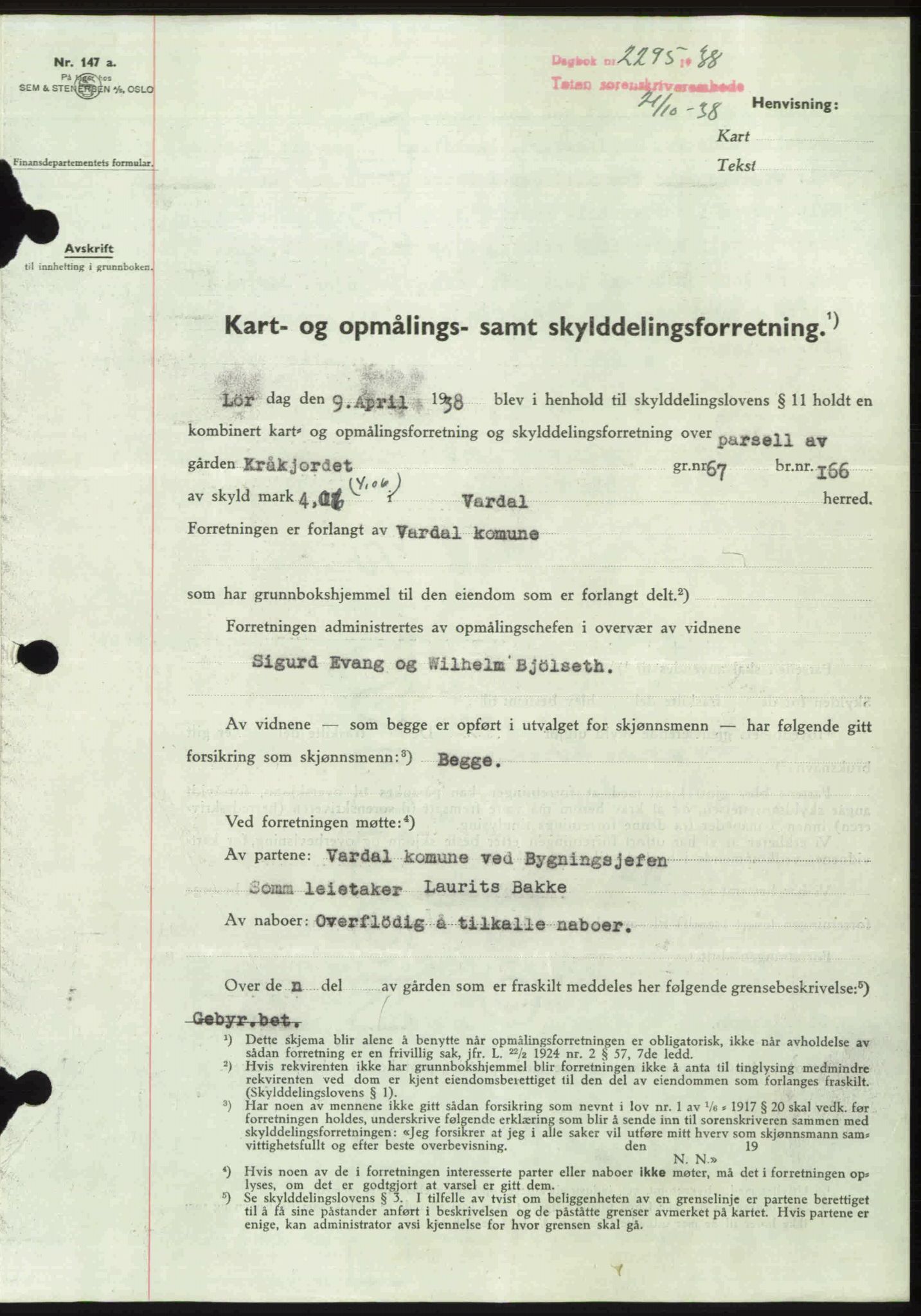Toten tingrett, SAH/TING-006/H/Hb/Hbc/L0004: Mortgage book no. Hbc-04, 1938-1938, Diary no: : 2282/1938