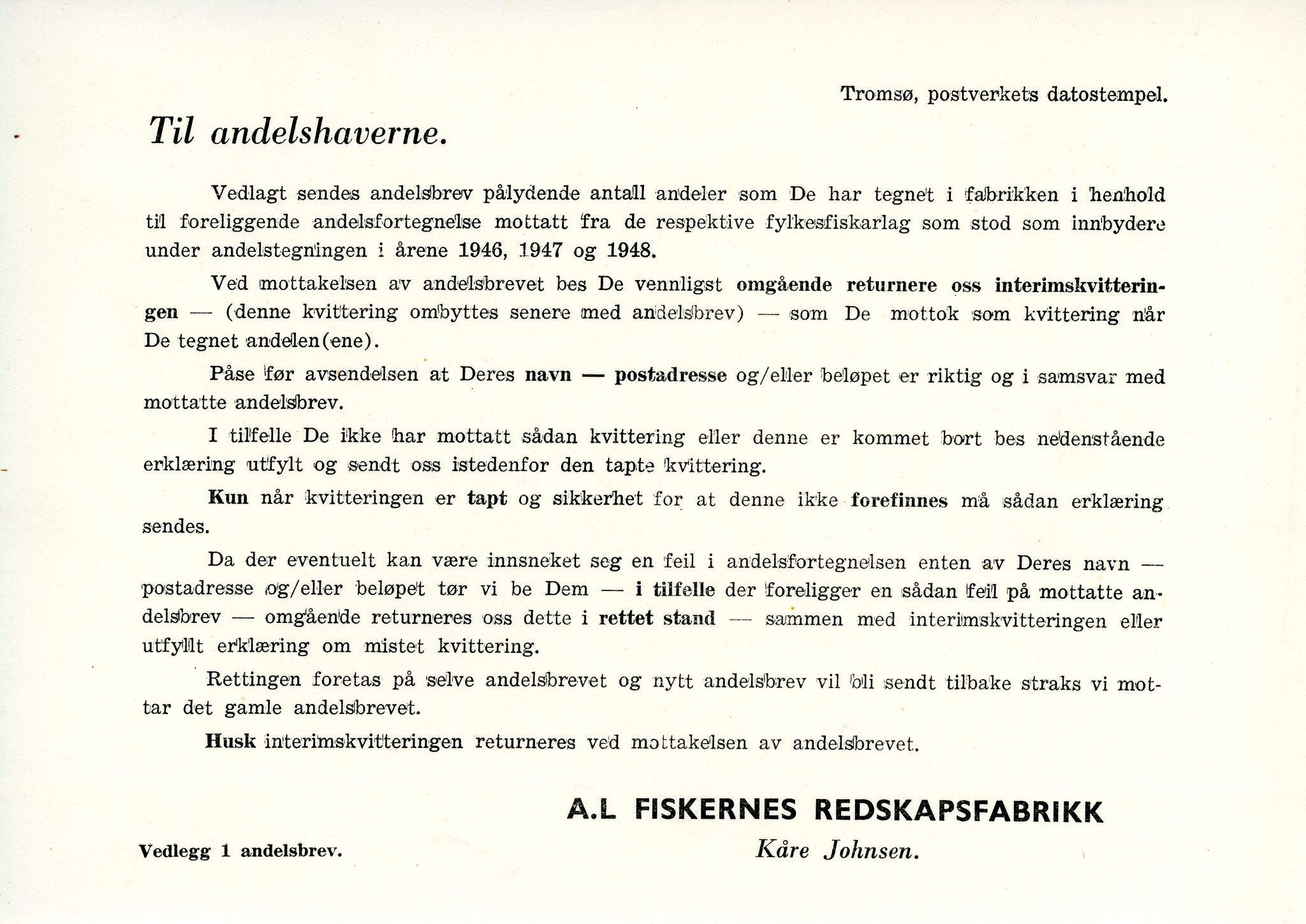 Vardø Fiskersamvirkelag, VAMU/A-0037/D/Da/L0002: Korrespondanse Er-Fi, 1946-1951