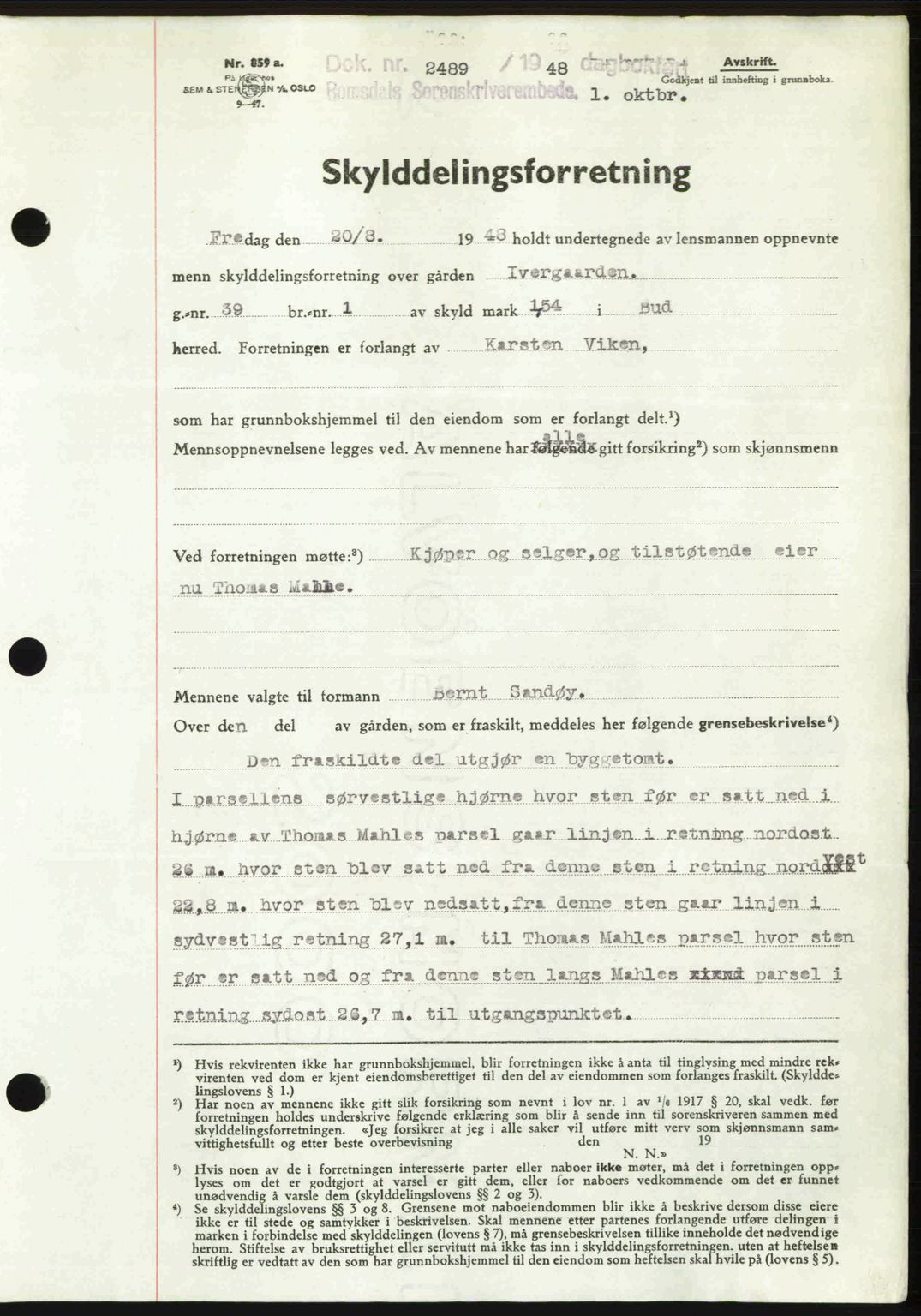 Romsdal sorenskriveri, AV/SAT-A-4149/1/2/2C: Mortgage book no. A27, 1948-1948, Diary no: : 2489/1948