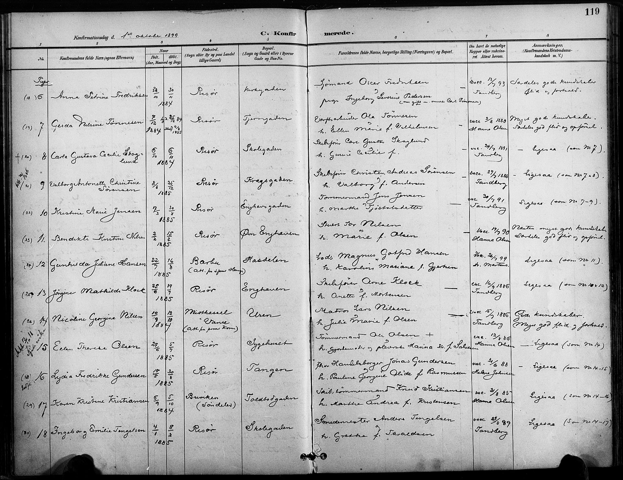 Risør sokneprestkontor, AV/SAK-1111-0035/F/Fa/L0010: Parish register (official) no. A 10, 1896-1906, p. 119