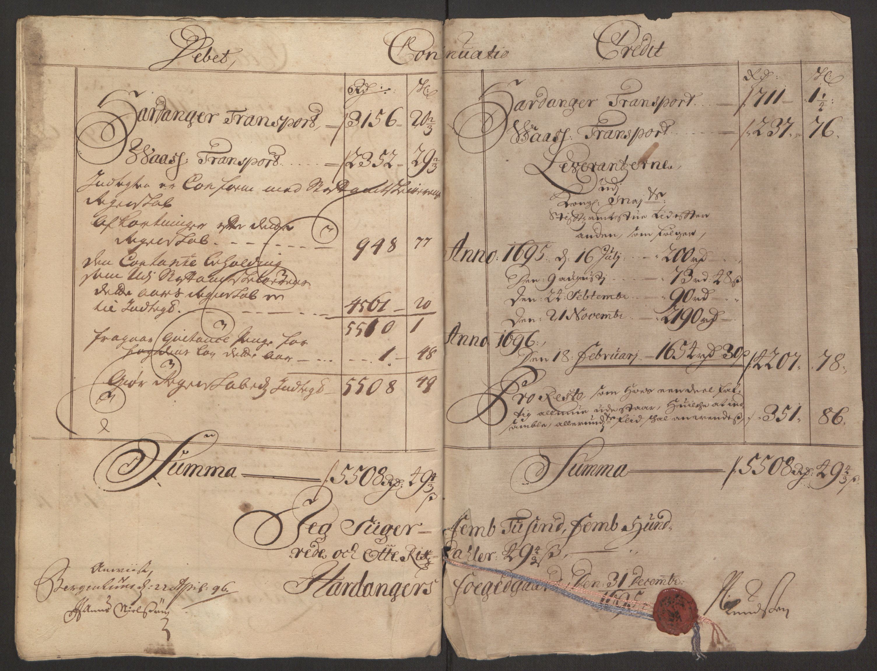 Rentekammeret inntil 1814, Reviderte regnskaper, Fogderegnskap, AV/RA-EA-4092/R48/L2976: Fogderegnskap Sunnhordland og Hardanger, 1695-1696, p. 156