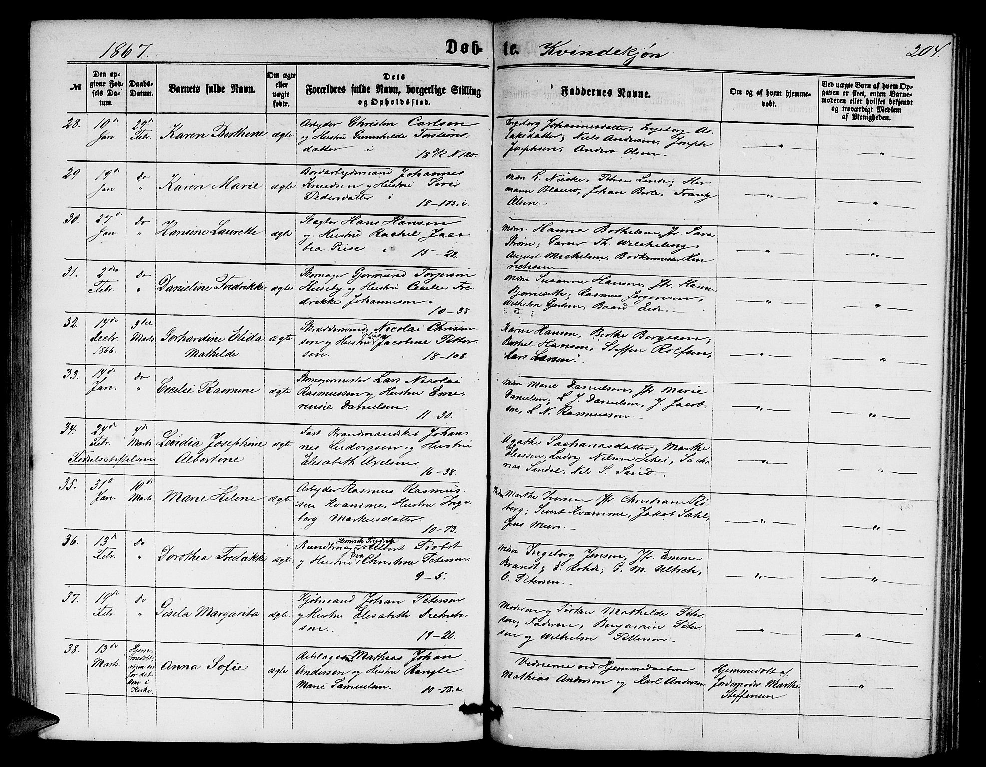 Domkirken sokneprestembete, SAB/A-74801/H/Hab/L0012: Parish register (copy) no. B 5, 1862-1869, p. 204