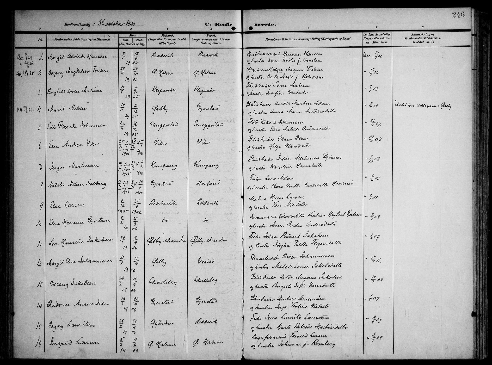 Tjølling kirkebøker, AV/SAKO-A-60/F/Fa/L0010: Parish register (official) no. 10, 1906-1923, p. 246