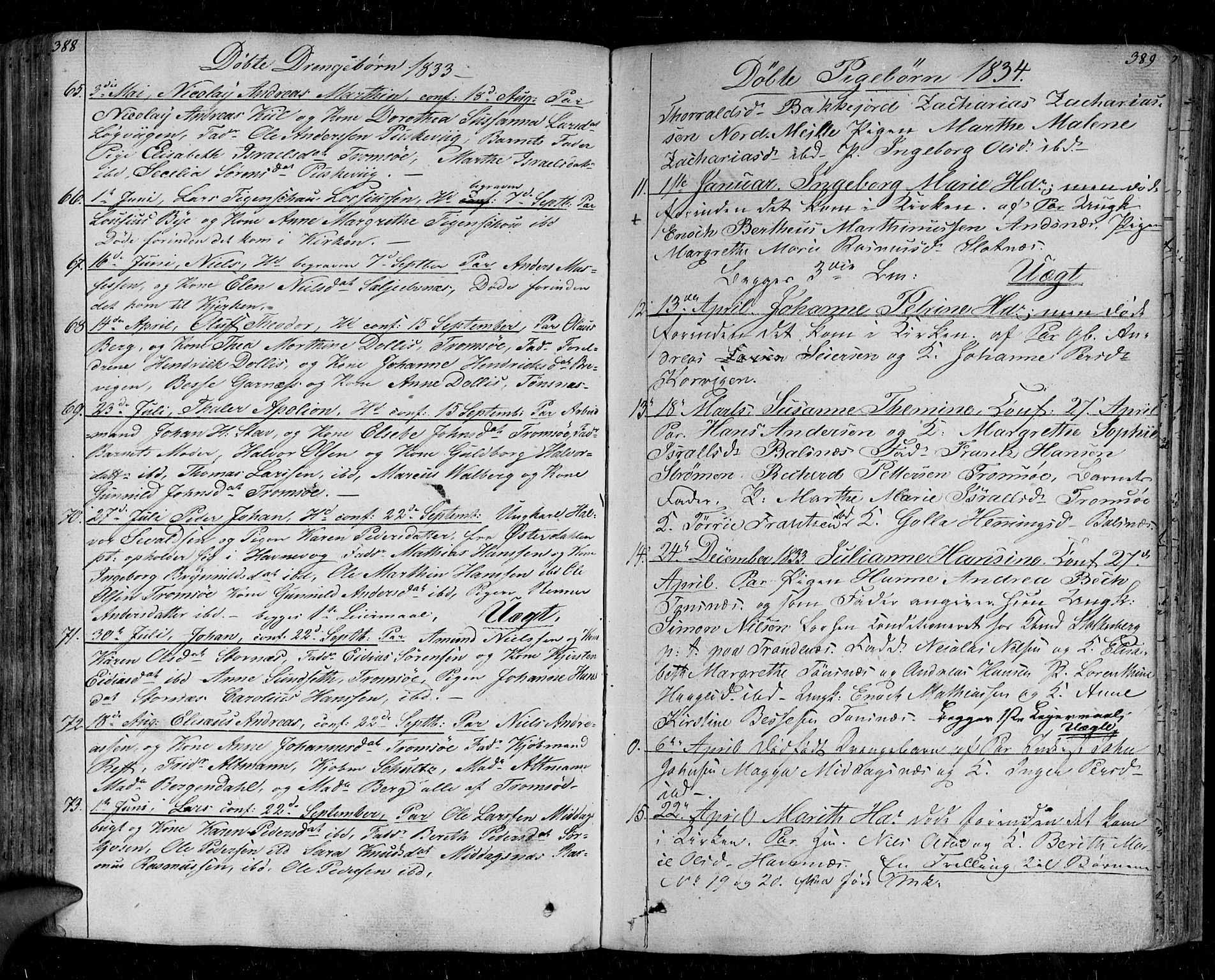 Tromsø sokneprestkontor/stiftsprosti/domprosti, SATØ/S-1343/G/Ga/L0008kirke: Parish register (official) no. 8, 1829-1837, p. 388-389