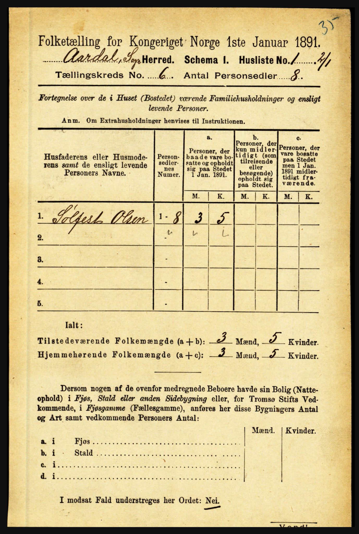 RA, 1891 census for 1424 Årdal, 1891, p. 1047